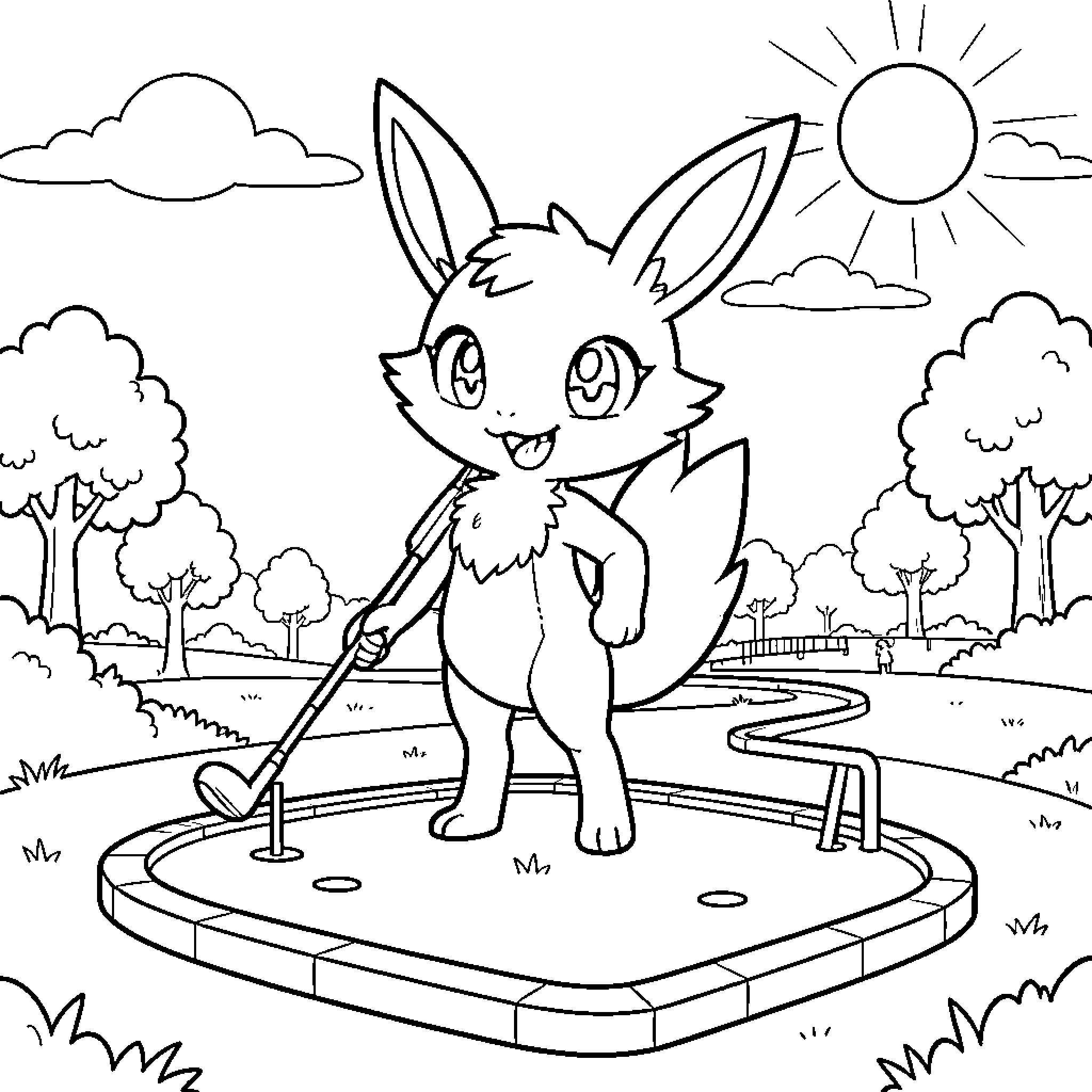 Zoroark playing golf on a sunny day Coloring Page (free black-and-white line drawing printable PDF for all, from beginners to advanced learners, including children, teens, adults, and seniors)