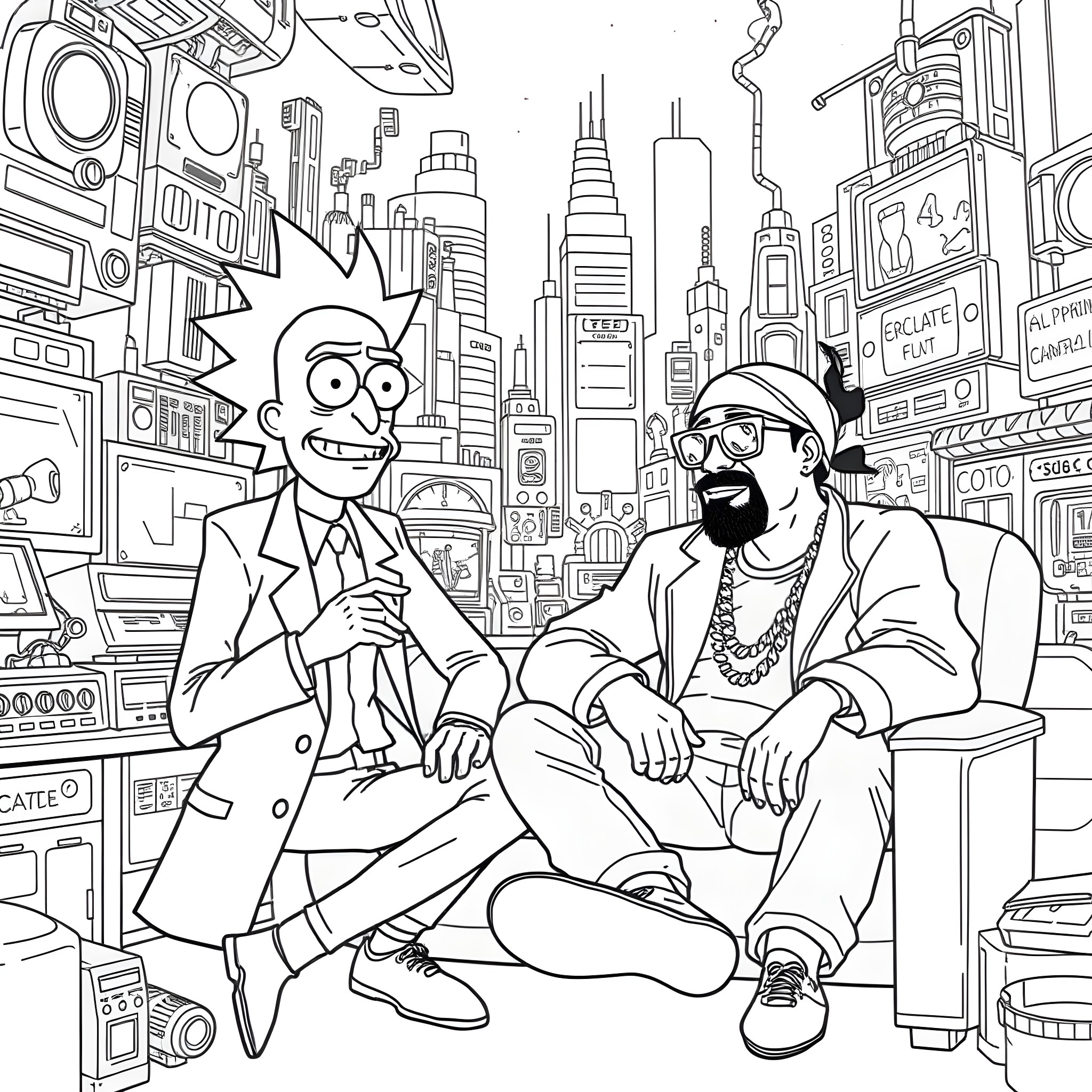 Rick Sanchez and Morty Smith chilling in the futuristic city Coloring Page (free black-and-white line drawing printable PDF for all, from beginners to advanced learners, including children, teens, adults, and seniors)