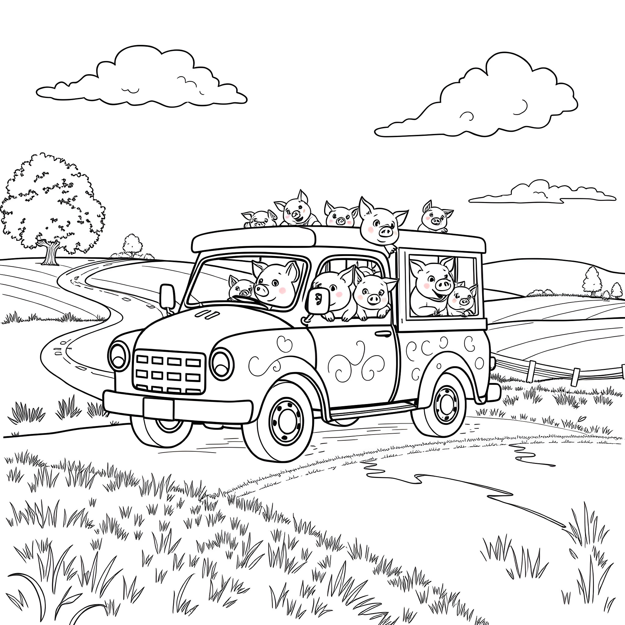 Pig Truck Transporting Adorable Piglets on the Road Coloring Page (free black-and-white line drawing printable PDF for all, from beginners to advanced learners, including children, teens, adults, and seniors)