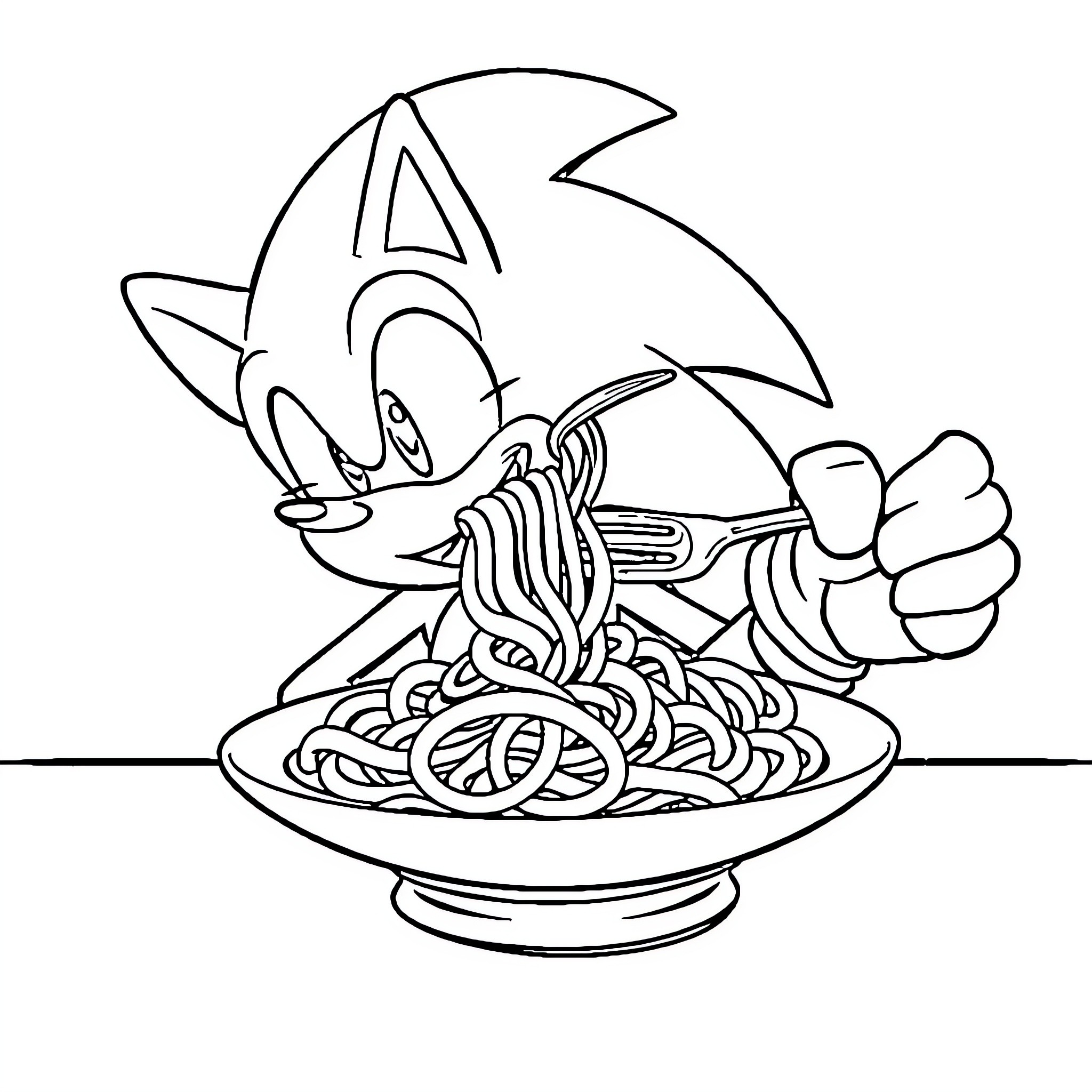Sonic enjoying a bowl of spaghetti Coloring Page (free black-and-white line drawing printable PDF for all, from beginners to advanced learners, including children, teens, adults, and seniors)