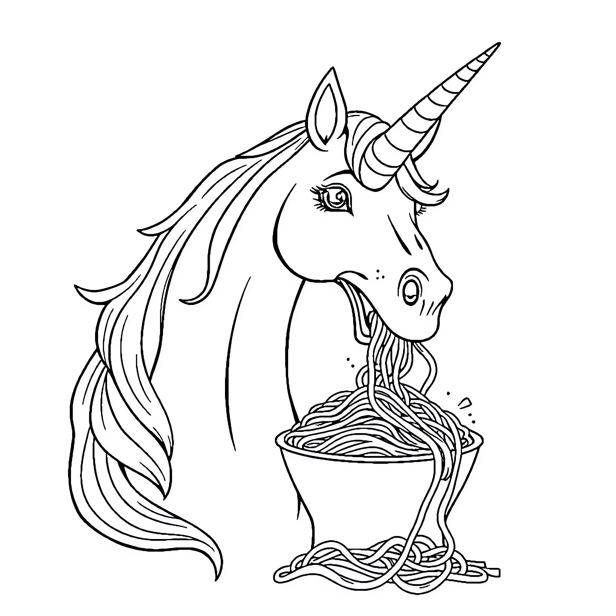 Unicorn dining on spaghetti noodles Coloring Page (free black-and-white line drawing printable PDF for all, from beginners to advanced learners, including children, teens, adults, and seniors)