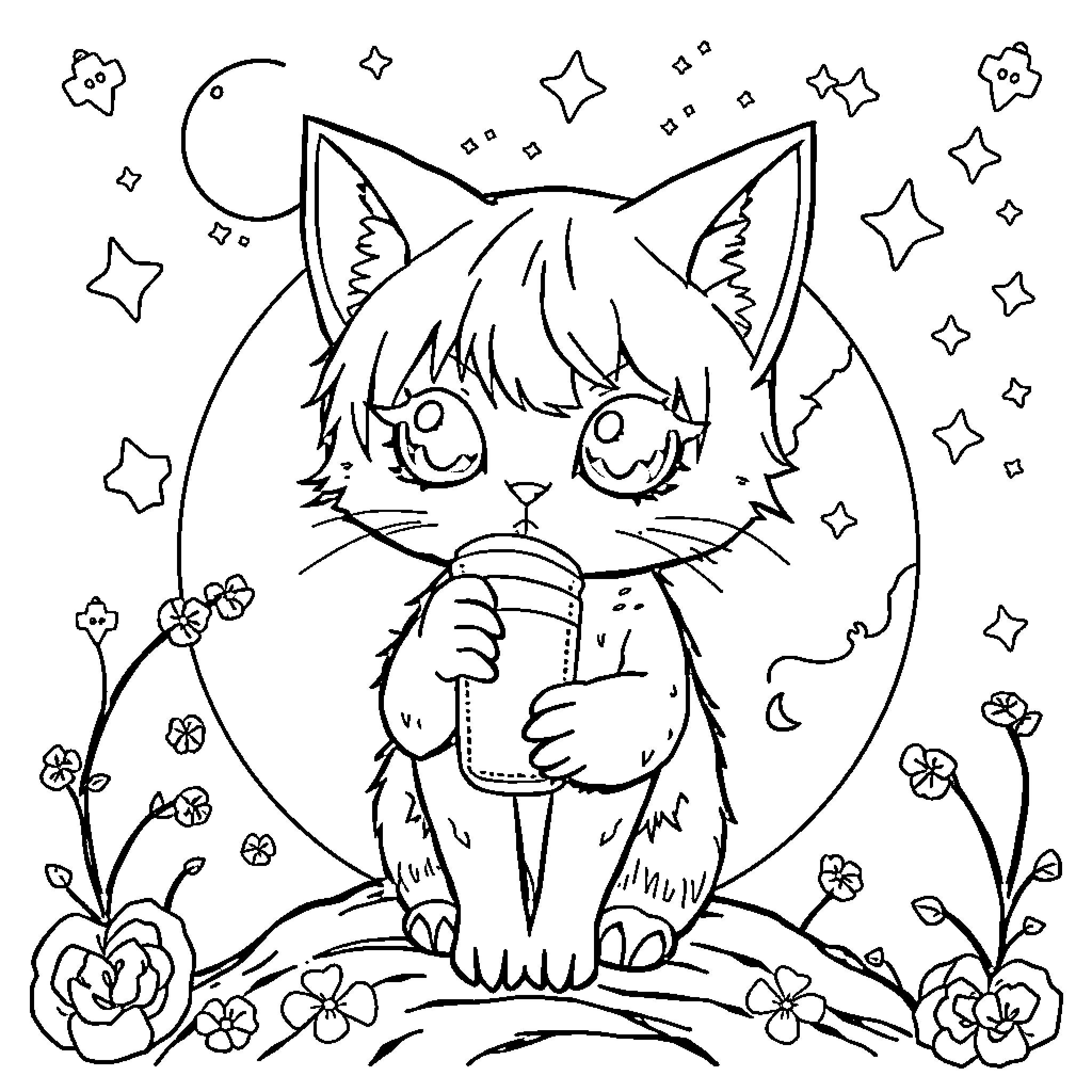Bunny-like cat drinking milkshake under starry night Coloring Page (free black-and-white line drawing printable PDF for all, from beginners to advanced learners, including children, teens, adults, and seniors)
