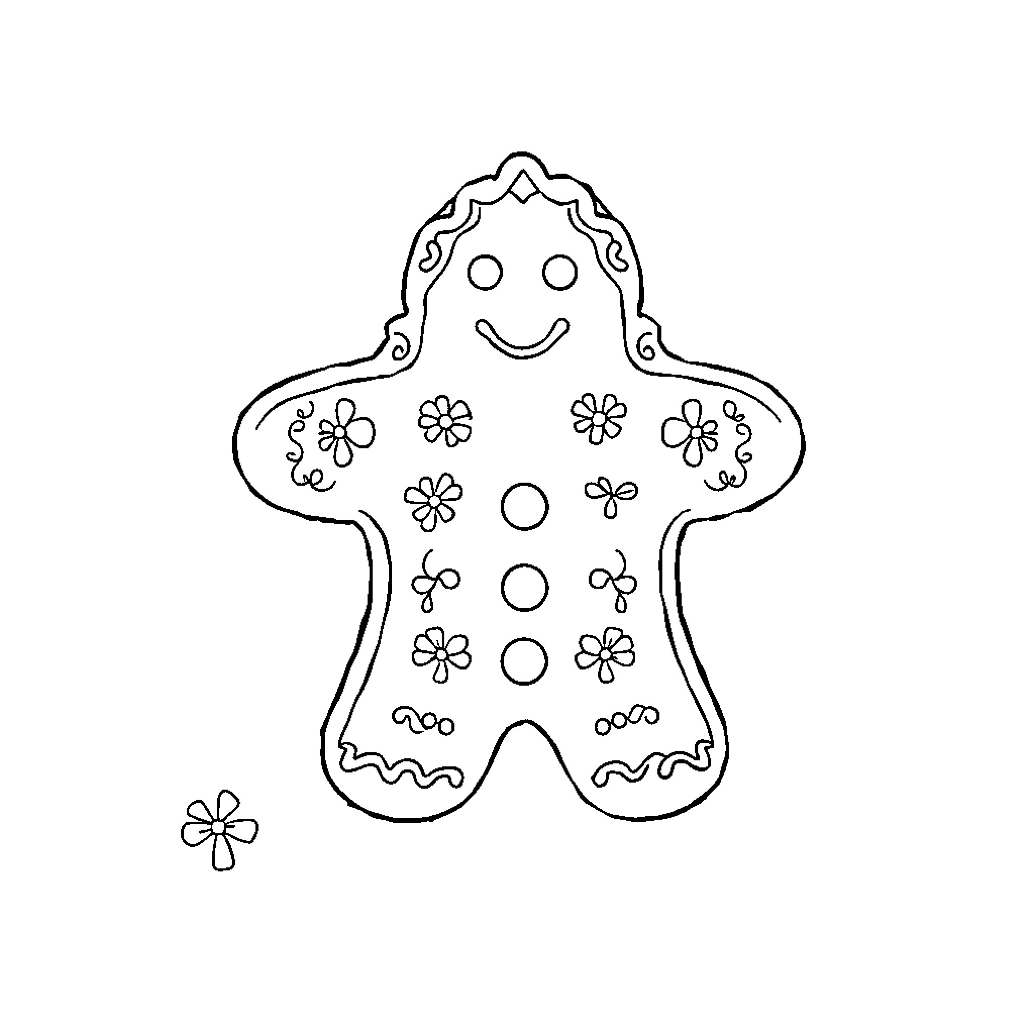 Gingerbread character with floral decorations Coloring Page (free black-and-white line drawing printable PDF for all, from beginners to advanced learners, including children, teens, adults, and seniors)