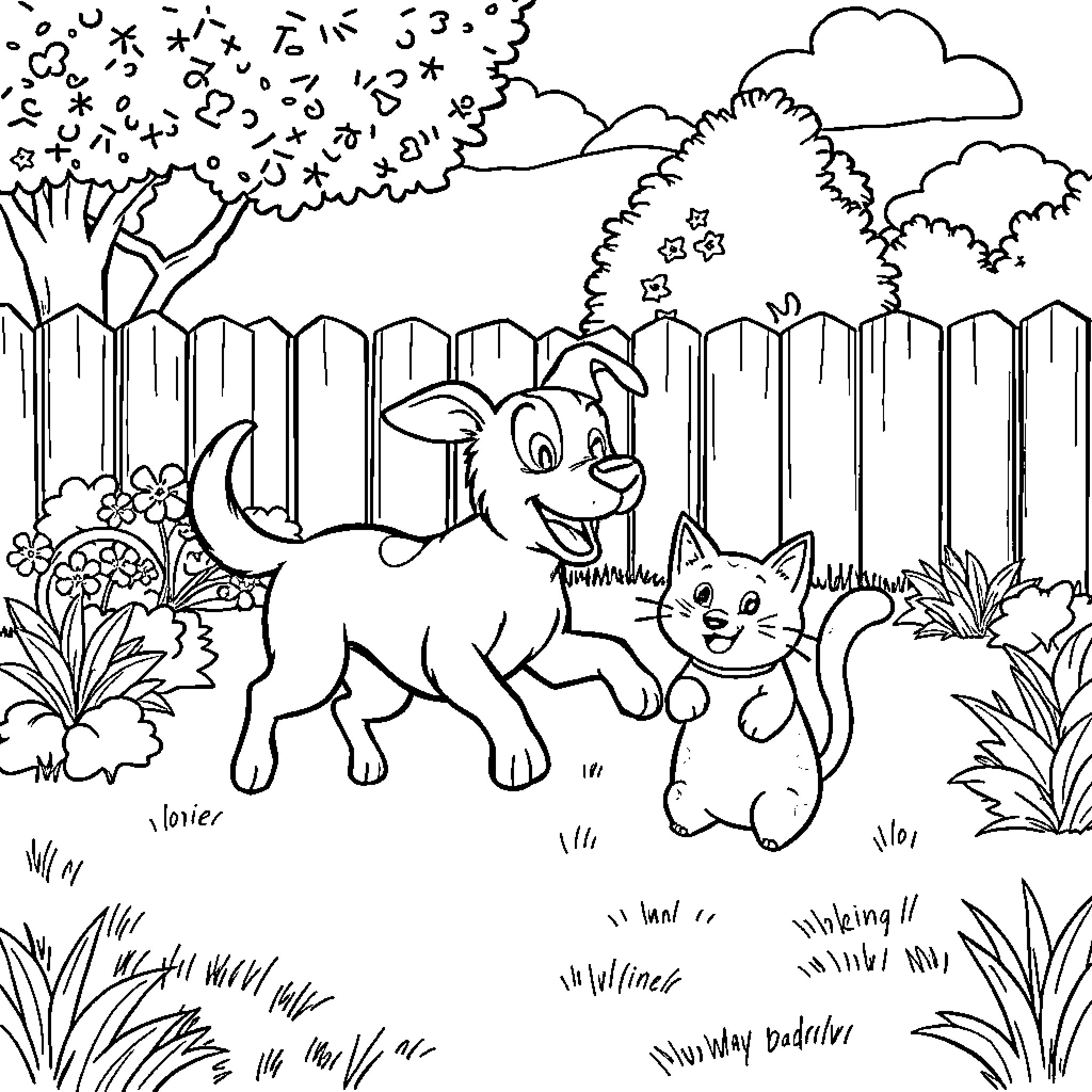 Dog and cat playing in the backyard Coloring Page (free black-and-white line drawing printable PDF for all, from beginners to advanced learners, including children, teens, adults, and seniors)