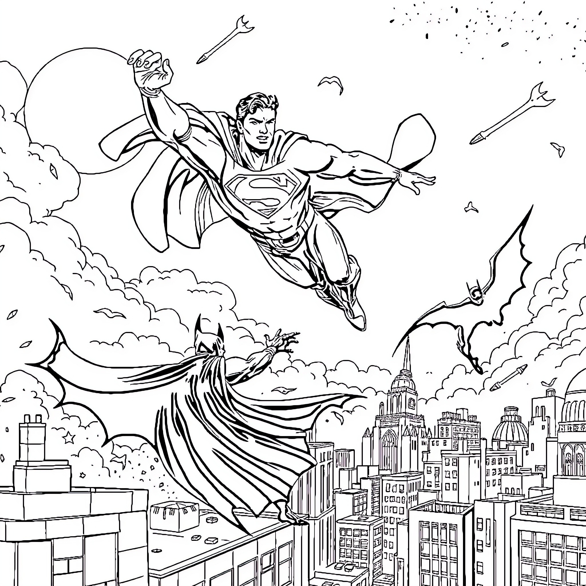 Superman Soaring Over the City in Action Coloring Page (free black-and-white line drawing printable PDF for all, from beginners to advanced learners, including children, teens, adults, and seniors)