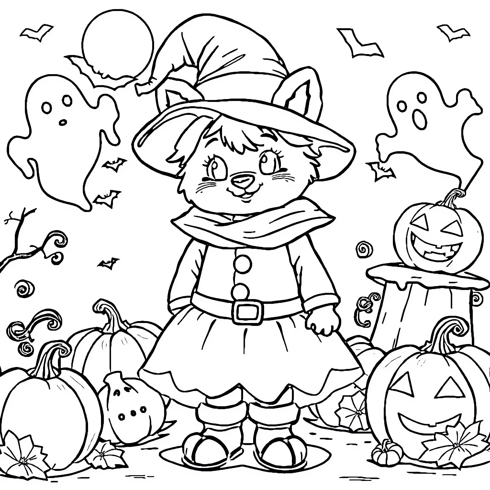 Evoli's Halloween Costume and Spooky Friends Coloring Page (free black-and-white line drawing printable PDF for all, from beginners to advanced learners, including children, teens, adults, and seniors)