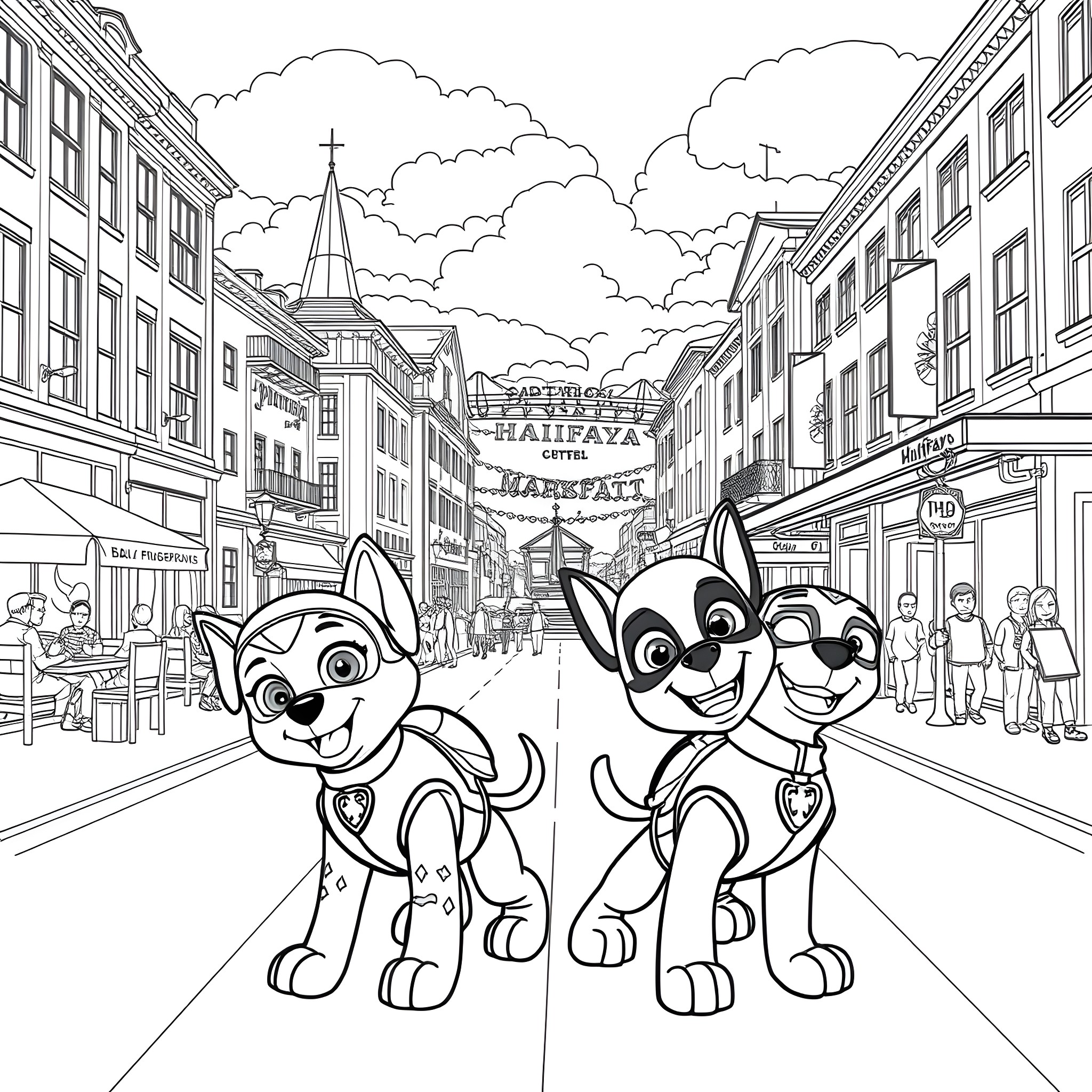 Paw Patrol Characters Exploring the City Coloring Page (free black-and-white line drawing printable PDF for all, from beginners to advanced learners, including children, teens, adults, and seniors)