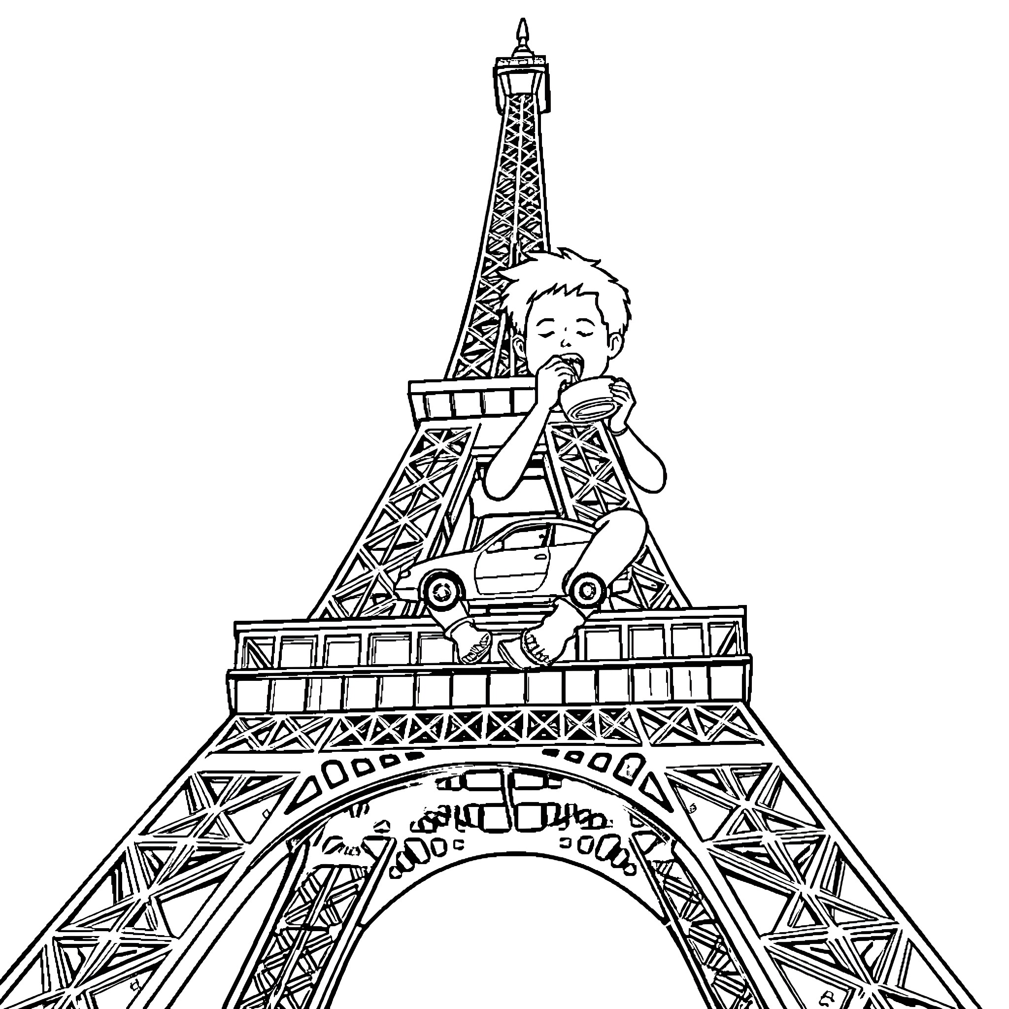 Person daydreaming on the Eiffel Tower Coloring Page (free black-and-white line drawing printable PDF for all, from beginners to advanced learners, including children, teens, adults, and seniors)