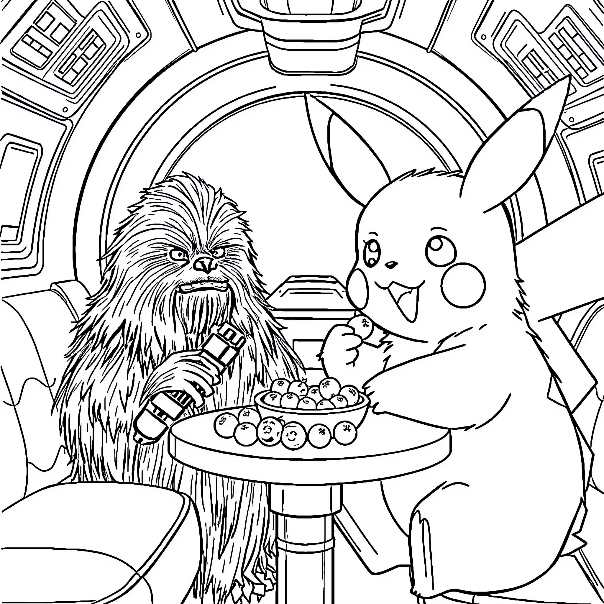 Pikachu and Chewbacca sharing a snack in a sci-fi setting Coloring Page (free black-and-white line drawing printable PDF for all, from beginners to advanced learners, including children, teens, adults, and seniors)