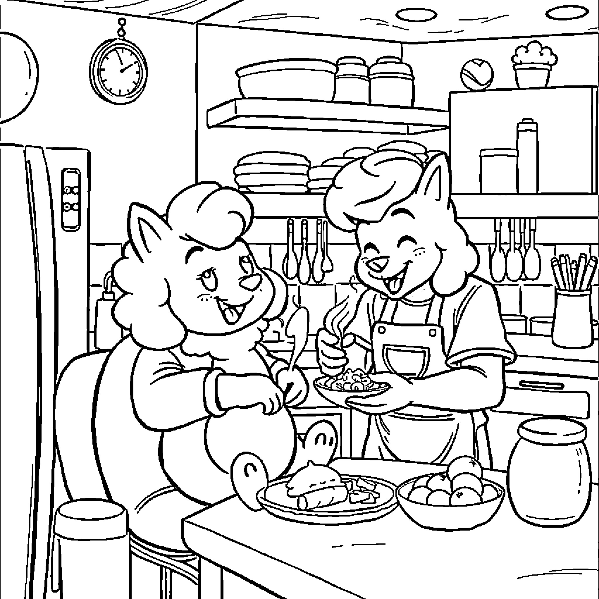 Whimsicott's Kitchen Adventure Coloring Page (free black-and-white line drawing printable PDF for all, from beginners to advanced learners, including children, teens, adults, and seniors)
