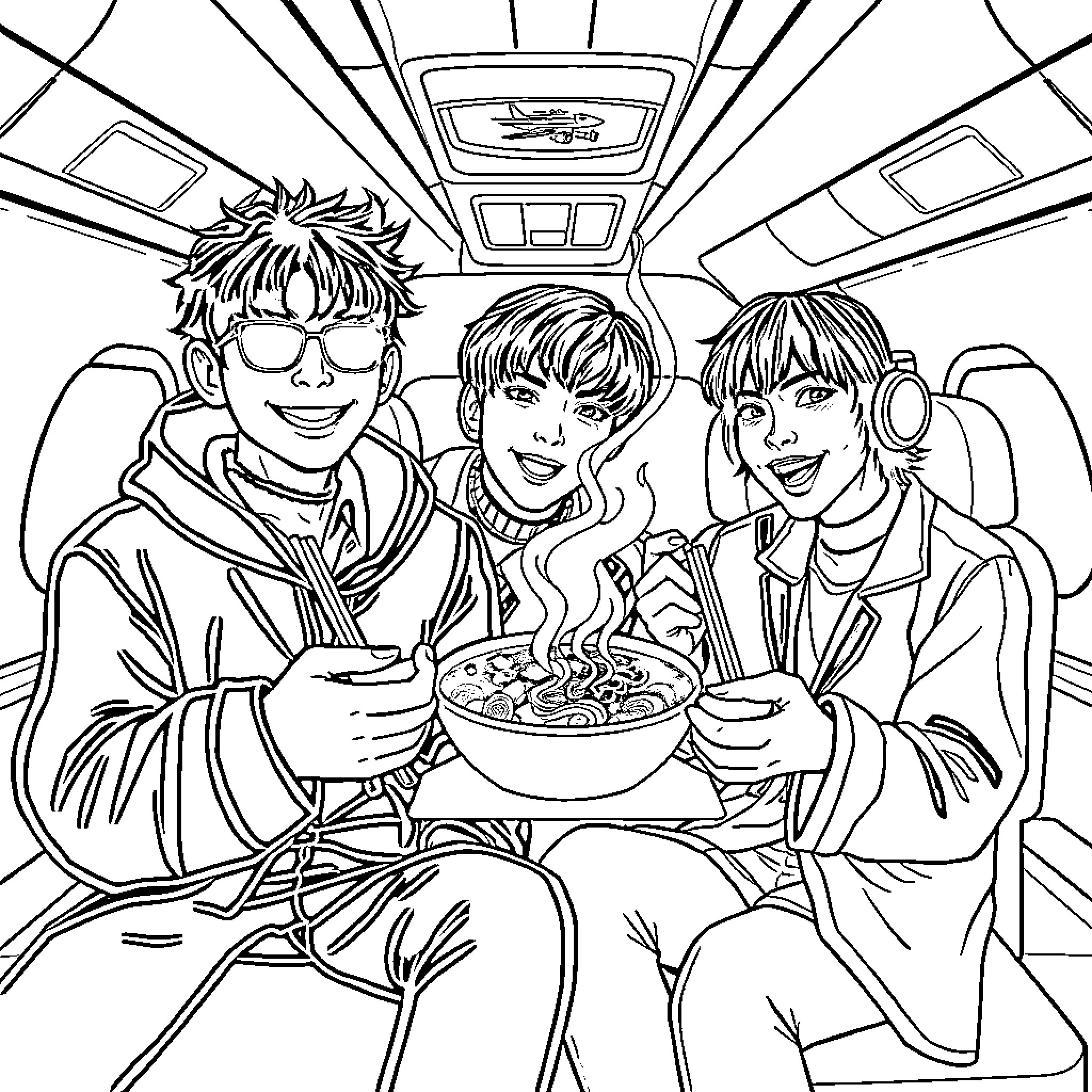 K Pop Warrior Dining Together in the Car Coloring Page (free black-and-white line drawing printable PDF for all, from beginners to advanced learners, including children, teens, adults, and seniors)
