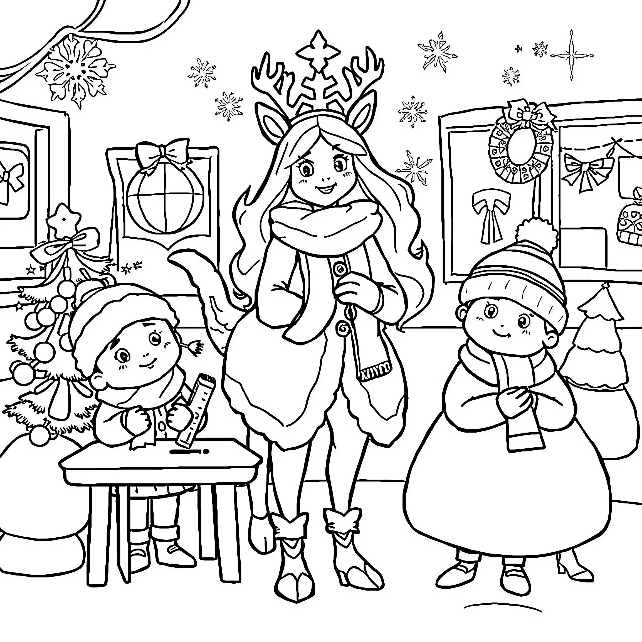 Snow Queen and her Enchanted Winter Friends Coloring Page (free black-and-white line drawing printable PDF for all, from beginners to advanced learners, including children, teens, adults, and seniors)