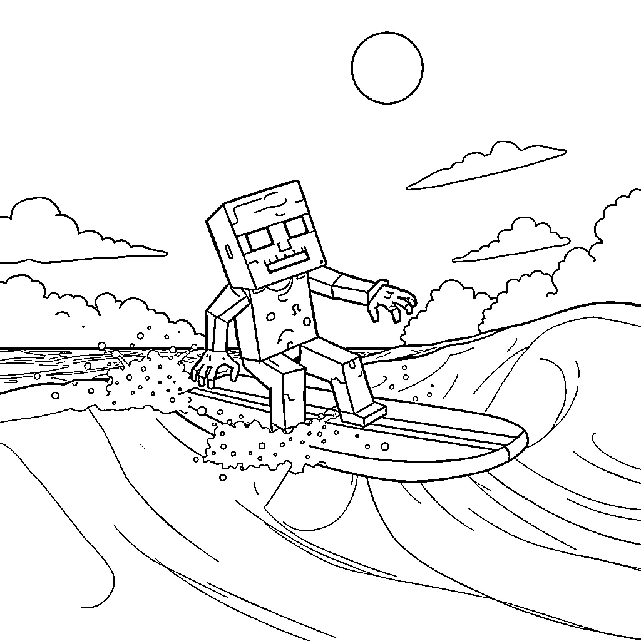 Zombie surfer rides the waves in the ocean Coloring Page (free black-and-white line drawing printable PDF for all, from beginners to advanced learners, including children, teens, adults, and seniors)