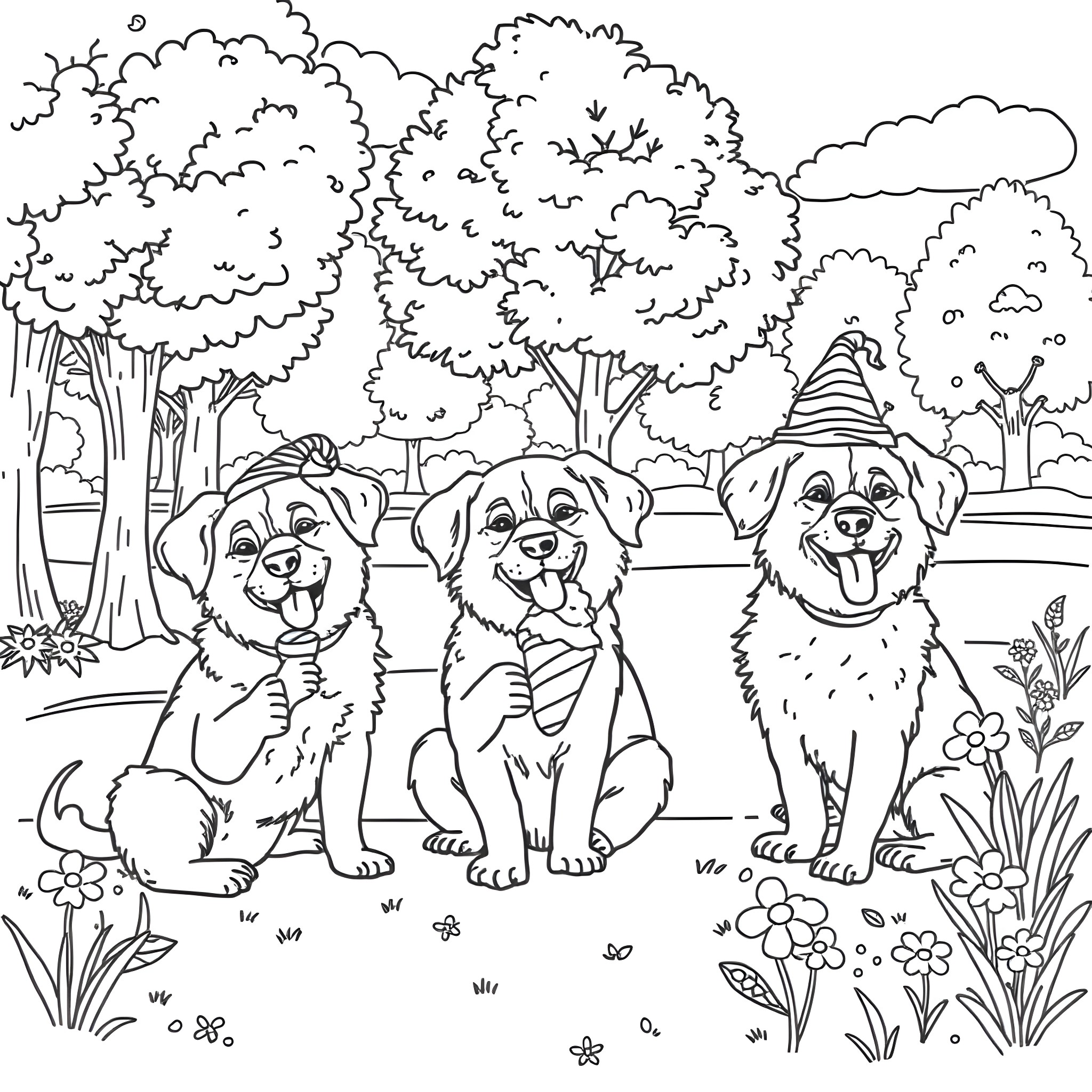 Dog friends enjoy outdoor adventure in the park Coloring Page (free black-and-white line drawing printable PDF for all, from beginners to advanced learners, including children, teens, adults, and seniors)