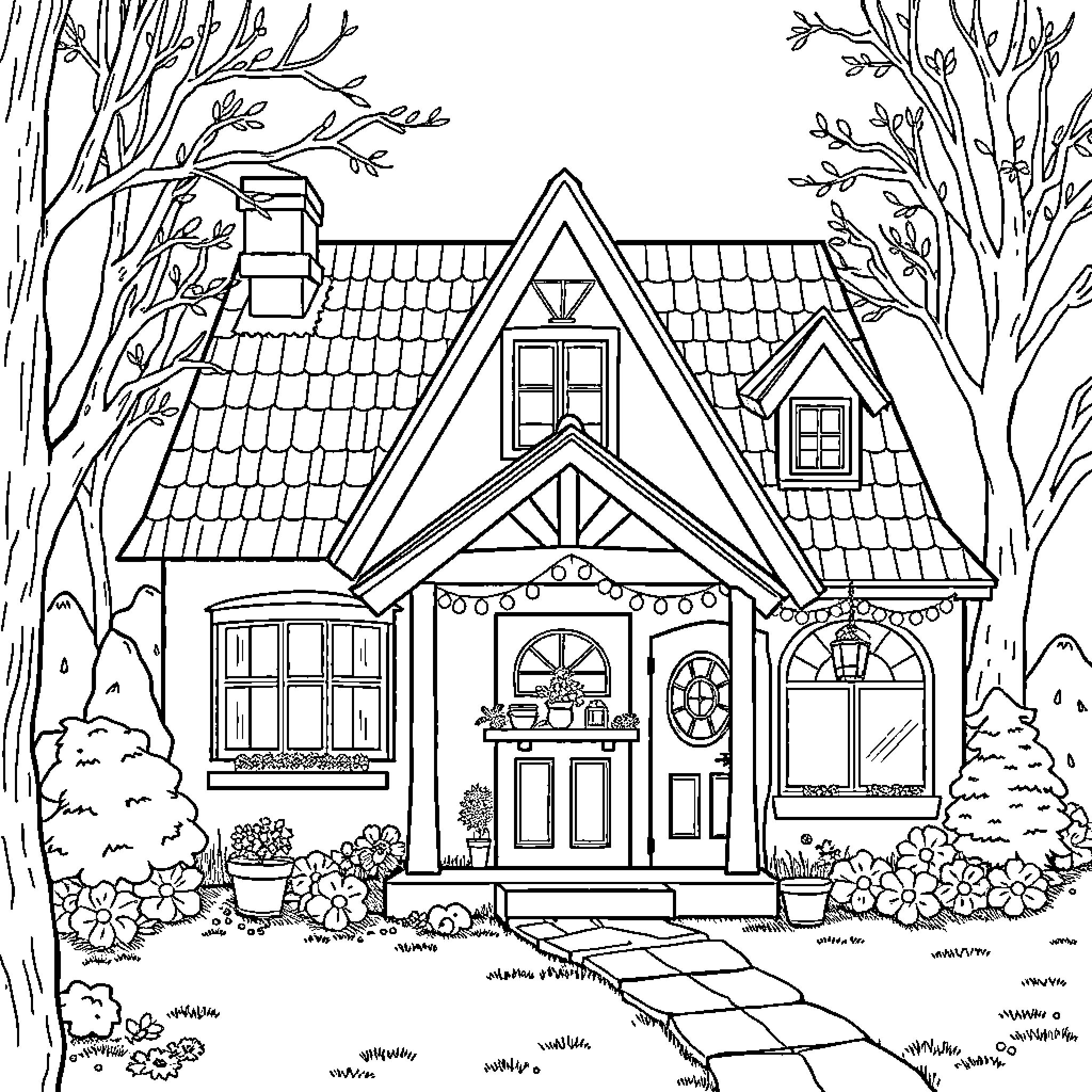 House with decorative details in a wooded environment Coloring Page (free black-and-white line drawing printable PDF for all, from beginners to advanced learners, including children, teens, adults, and seniors)