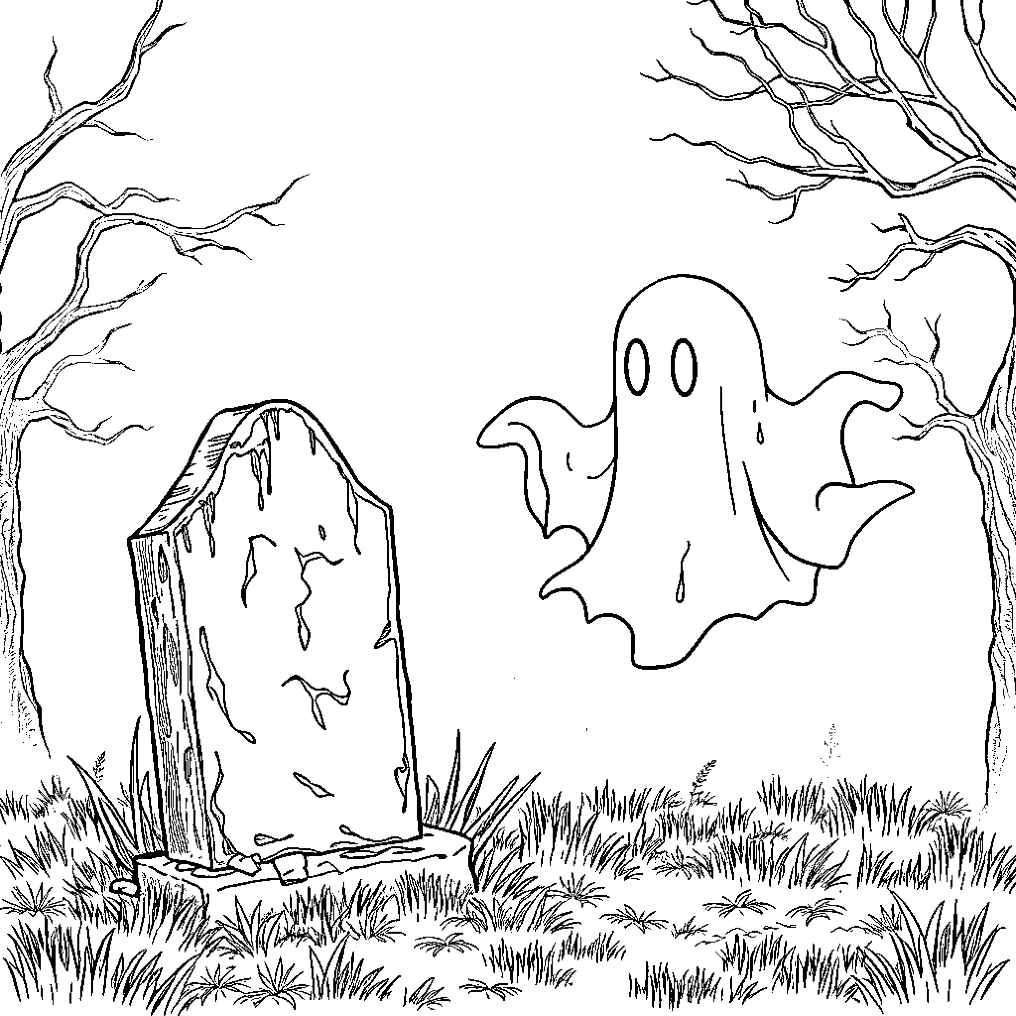 Ghost scene with spooky gravestone and apparition Coloring Page (free black-and-white line drawing printable PDF for all, from beginners to advanced learners, including children, teens, adults, and seniors)