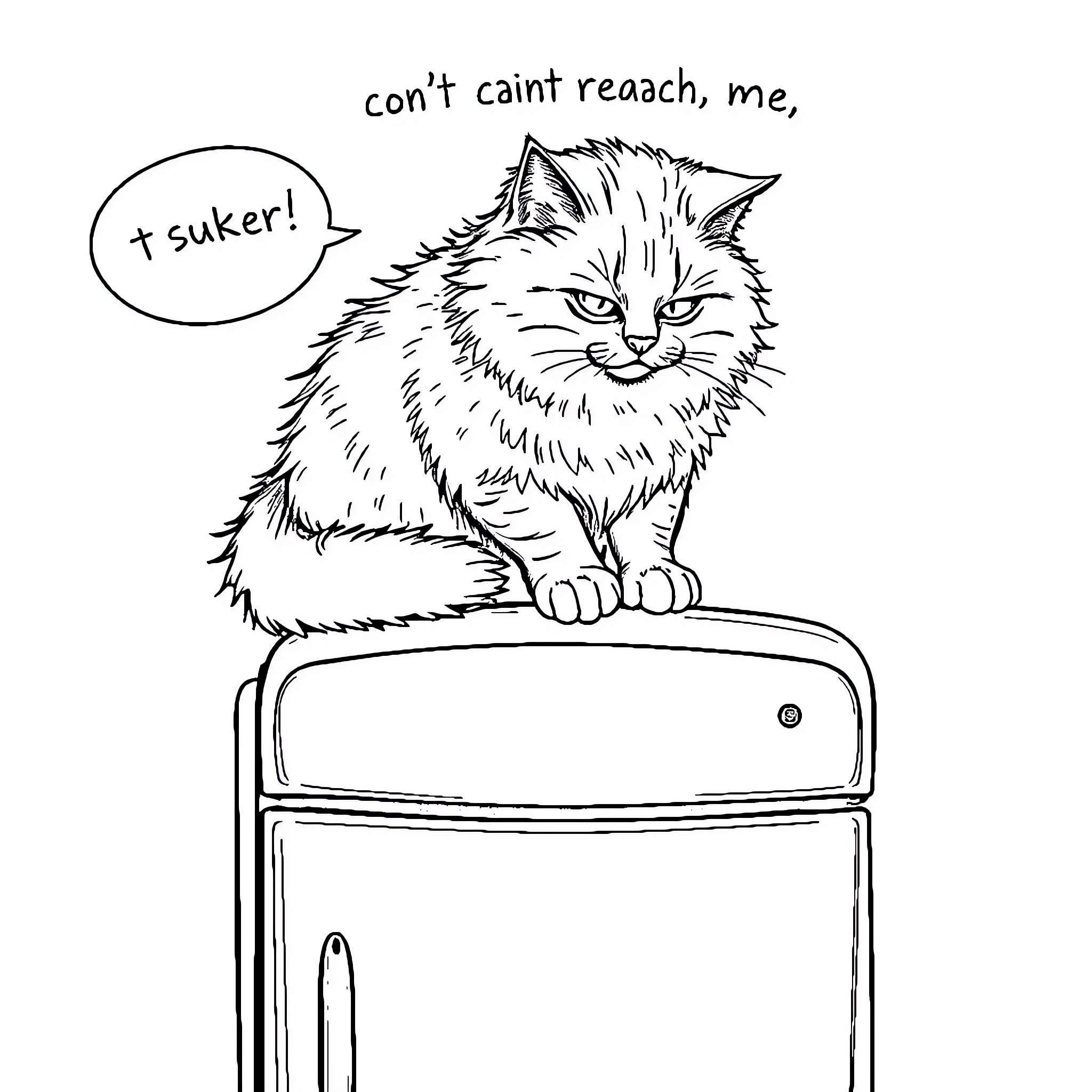 Cat Perched Defiantly on Appliance Coloring Page (free black-and-white line drawing printable PDF for all, from beginners to advanced learners, including children, teens, adults, and seniors)