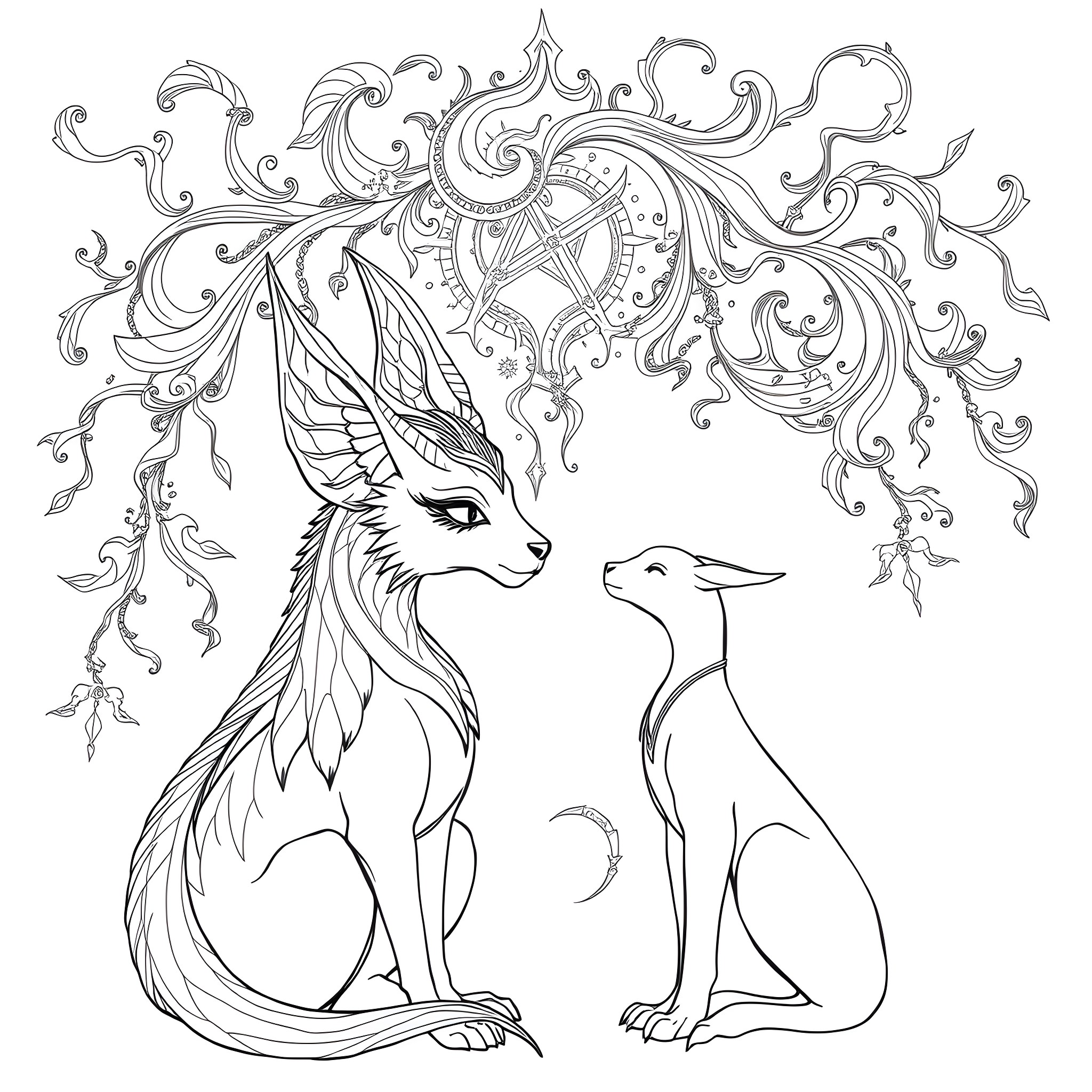 Caitlyn's Mystical Adventure with Foxes Coloring Page (free black-and-white line drawing printable PDF for all, from beginners to advanced learners, including children, teens, adults, and seniors)