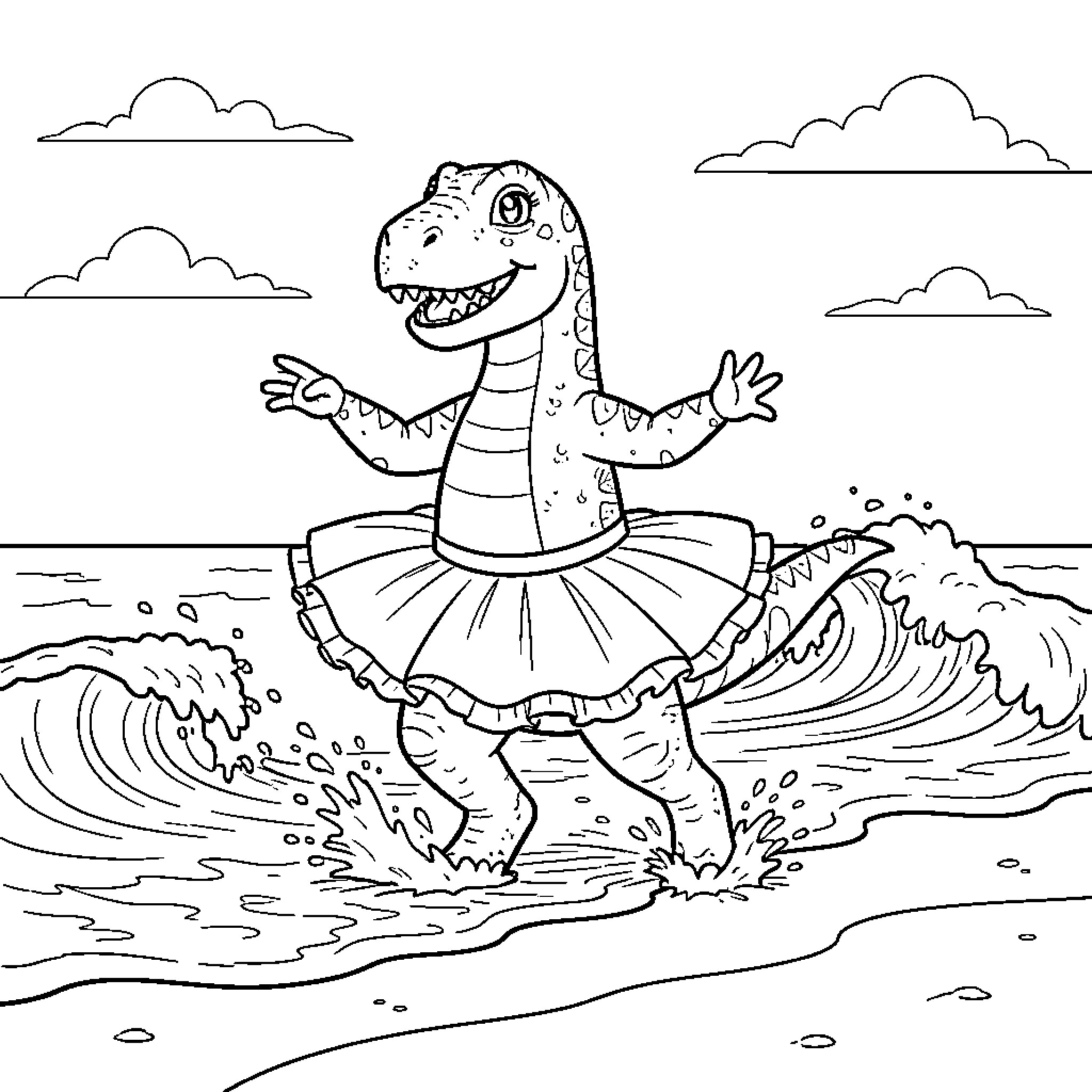 Dinosaur wearing a tutu dancing in the ocean waves Coloring Page (free black-and-white line drawing printable PDF for all, from beginners to advanced learners, including children, teens, adults, and seniors)