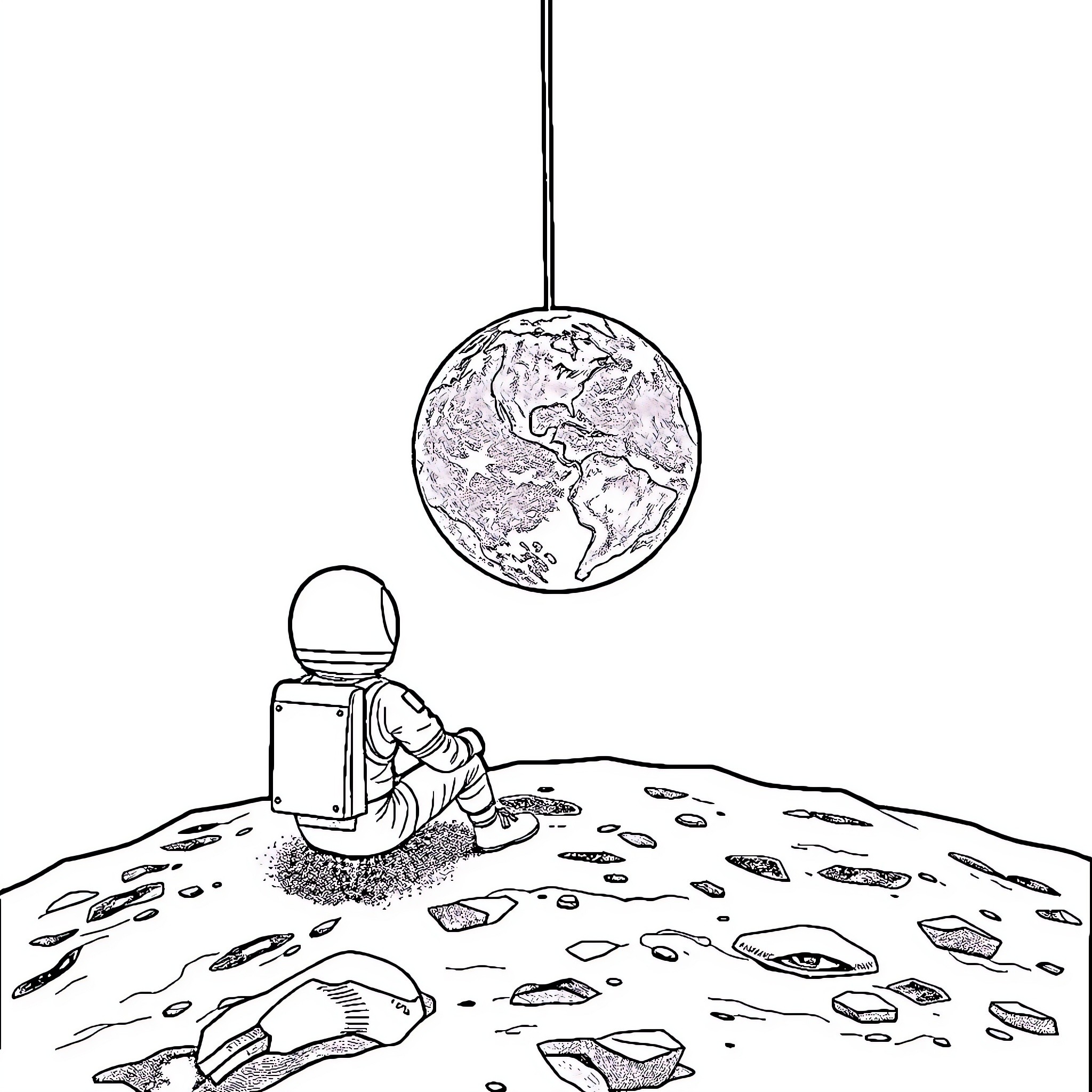 Person contemplating the world from a distant planet Coloring Page (free black-and-white line drawing printable PDF for all, from beginners to advanced learners, including children, teens, adults, and seniors)