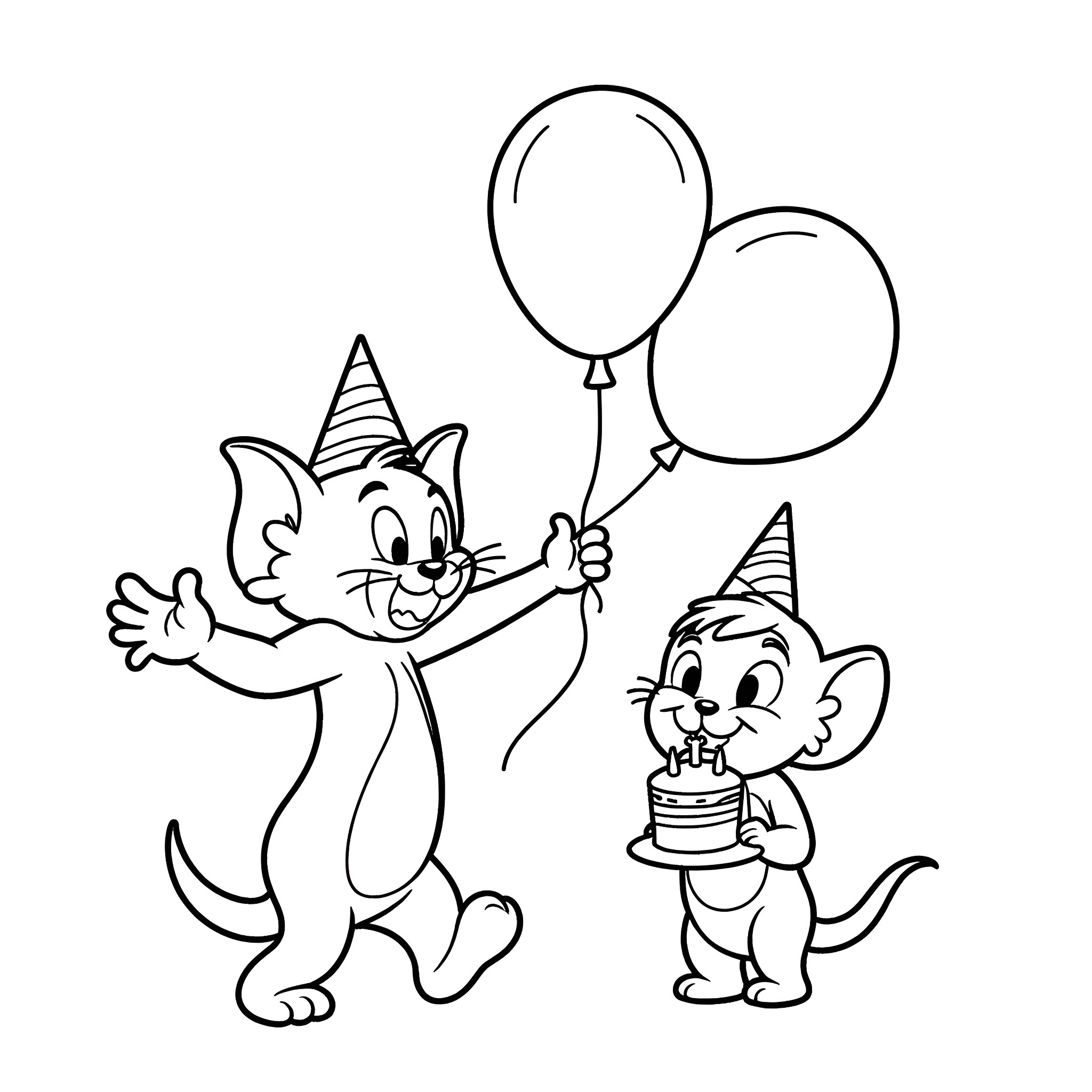 Tom and Jerry celebrate a birthday party with balloons Coloring Page (free black-and-white line drawing printable PDF for all, from beginners to advanced learners, including children, teens, adults, and seniors)