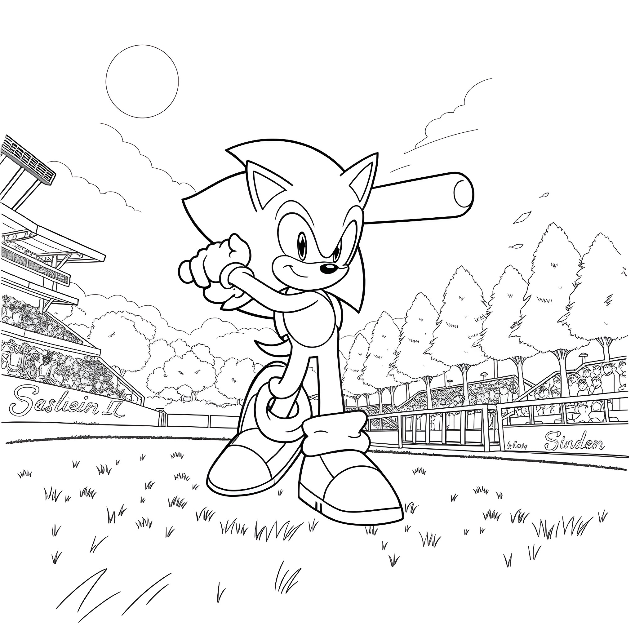 Sonic running dynamically through a scenic environment Coloring Page (free black-and-white line drawing printable PDF for all, from beginners to advanced learners, including children, teens, adults, and seniors)