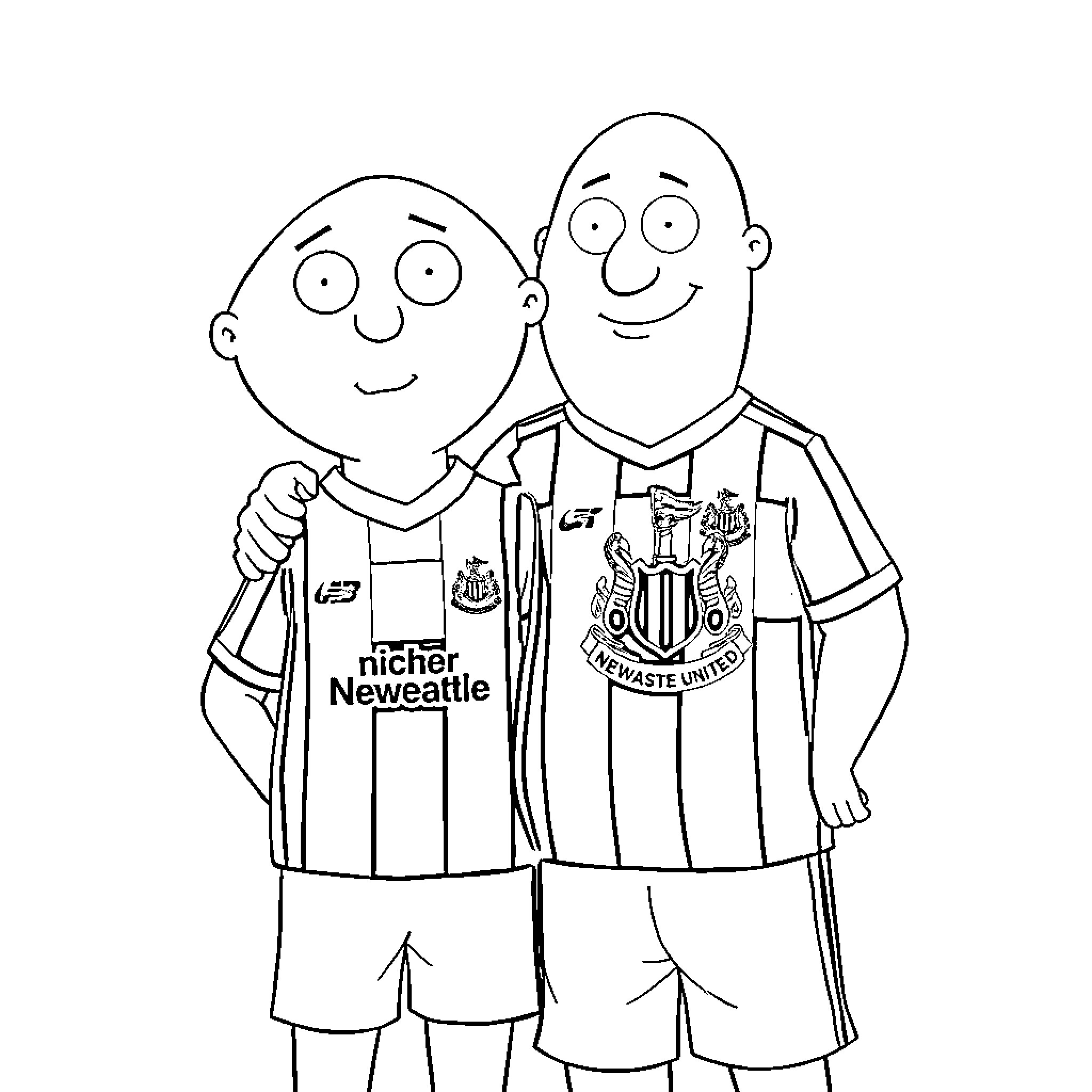 Stewie Griffin and friend in sports jerseys Coloring Page (free black-and-white line drawing printable PDF for all, from beginners to advanced learners, including children, teens, adults, and seniors)