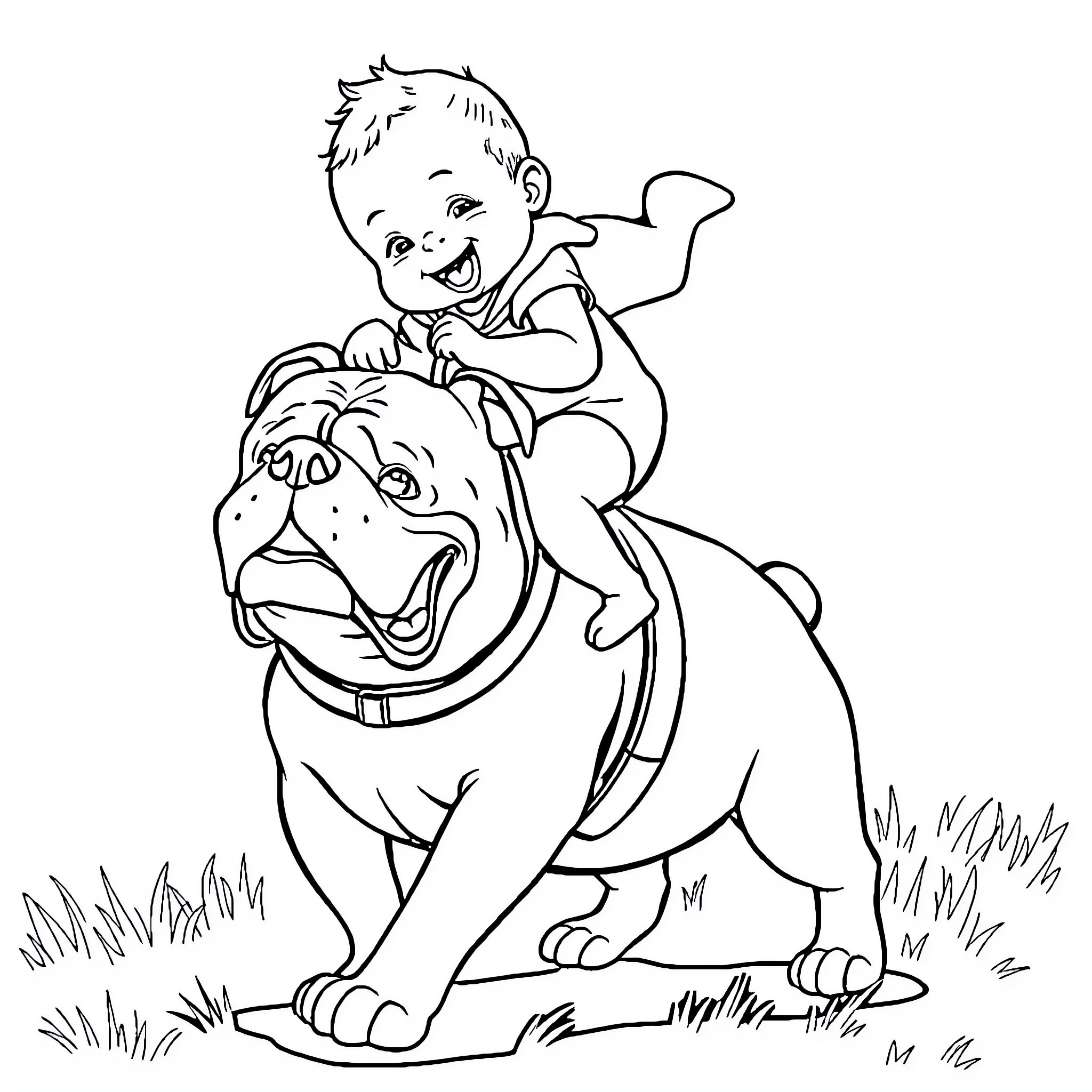 Baby playing happily with friendly dog in the field Coloring Page (free black-and-white line drawing printable PDF for all, from beginners to advanced learners, including children, teens, adults, and seniors)