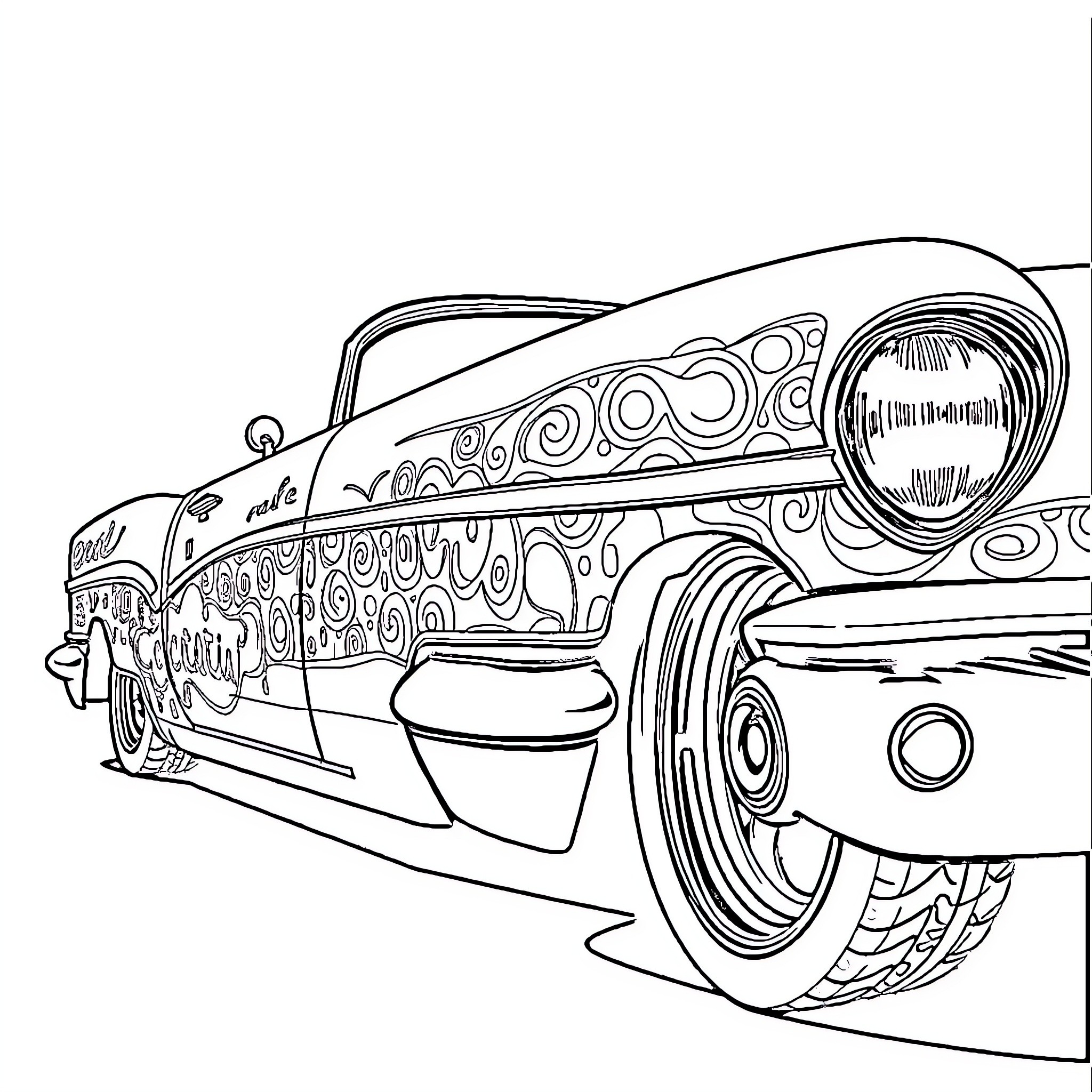 Lowrider with Intricate Designs and Expressions Coloring Page (free black-and-white line drawing printable PDF for all, from beginners to advanced learners, including children, teens, adults, and seniors)