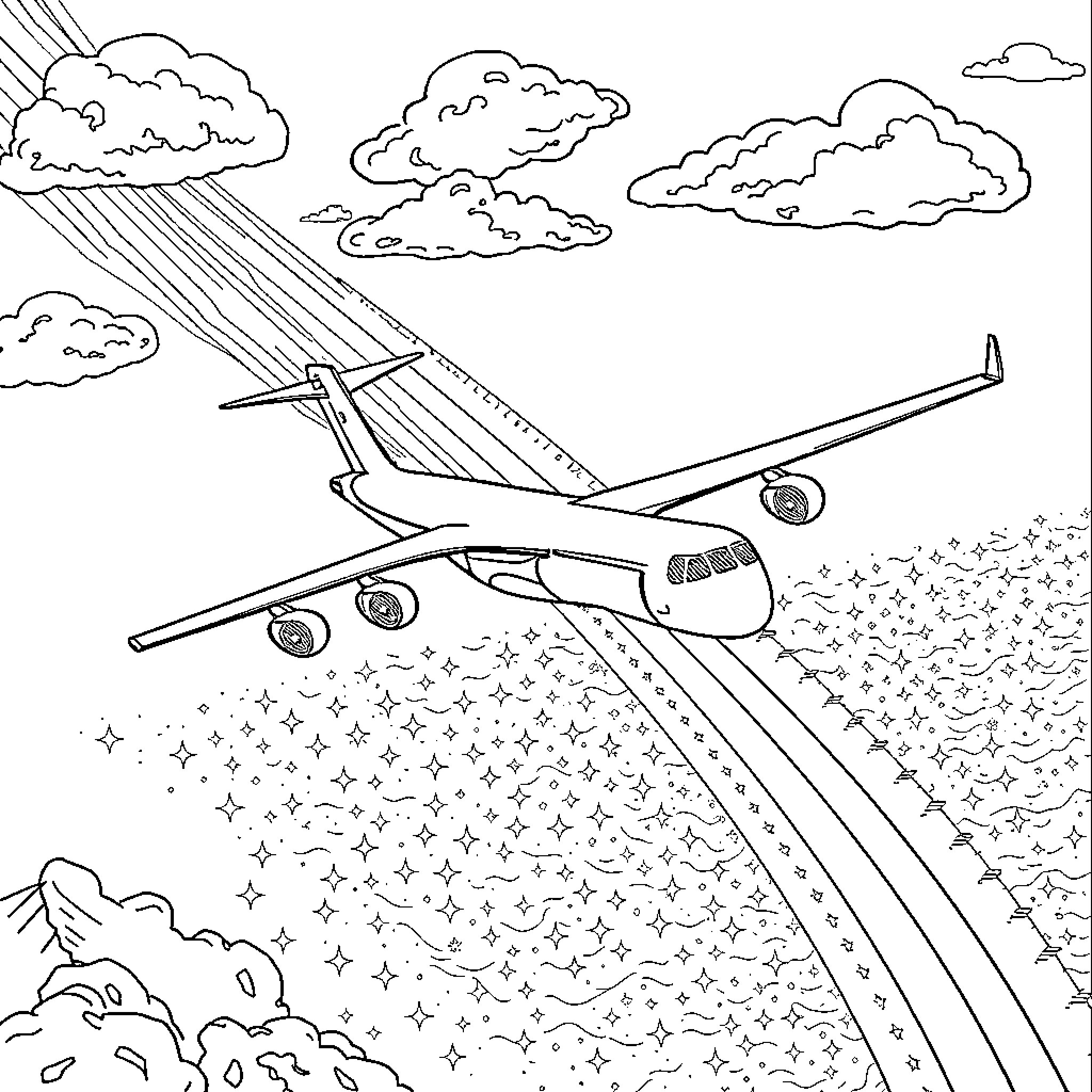 C-17 Transporter Flying Through Clouds Coloring Page (free black-and-white line drawing printable PDF for all, from beginners to advanced learners, including children, teens, adults, and seniors)