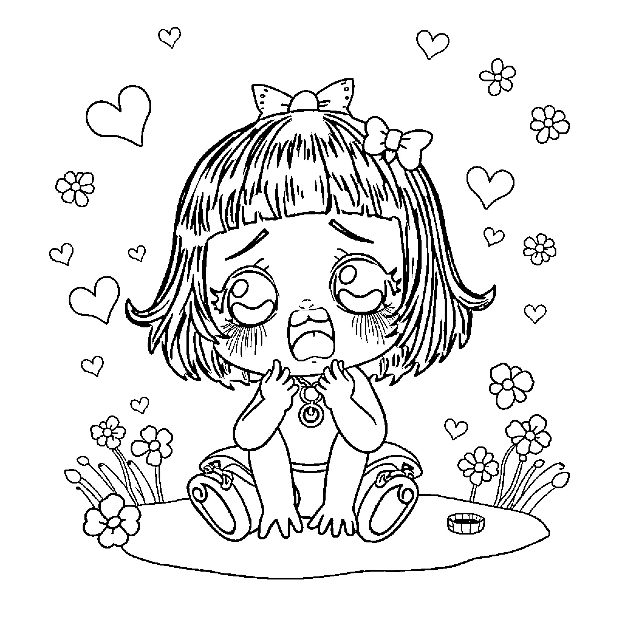 Melanie Martinez in a whimsical, playful pose Coloring Page (free black-and-white line drawing printable PDF for all, from beginners to advanced learners, including children, teens, adults, and seniors)