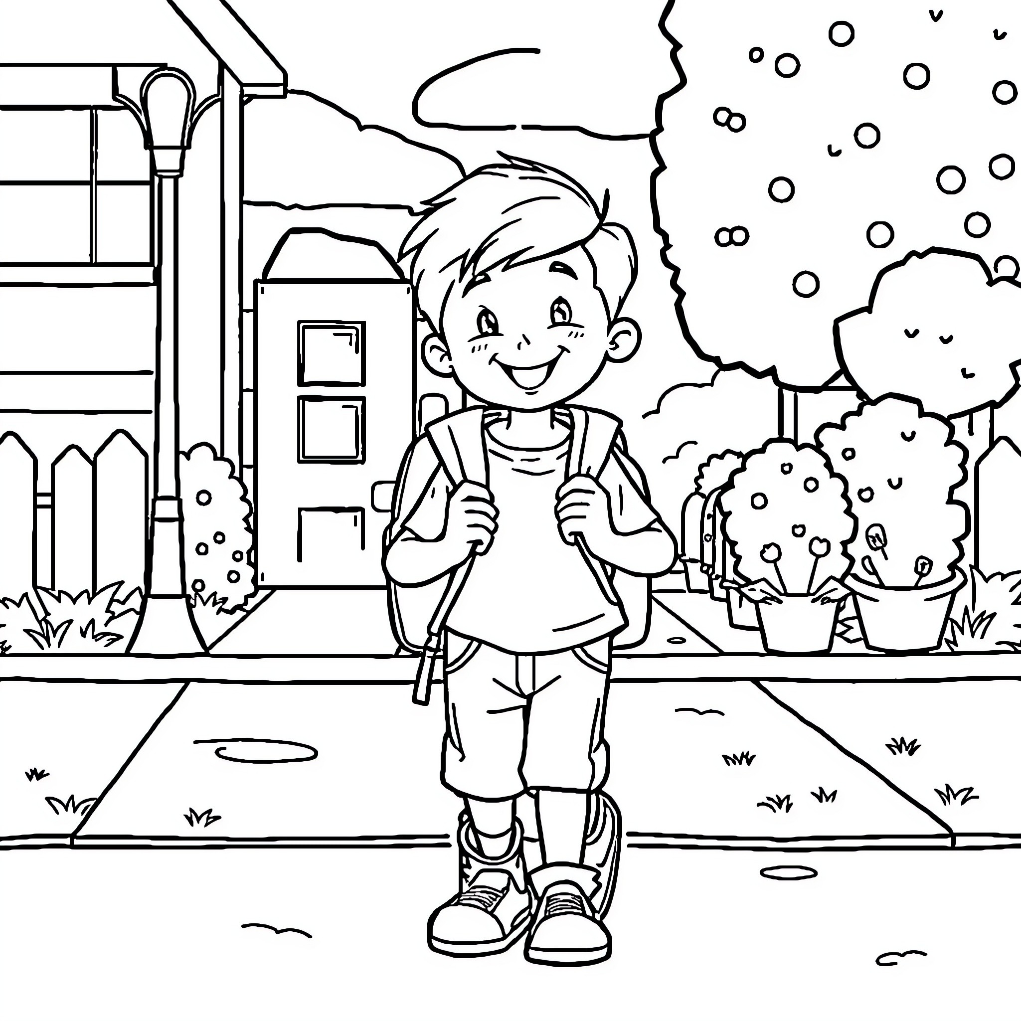 Jack walking to school on a snowy day Coloring Page (free black-and-white line drawing printable PDF for all, from beginners to advanced learners, including children, teens, adults, and seniors)
