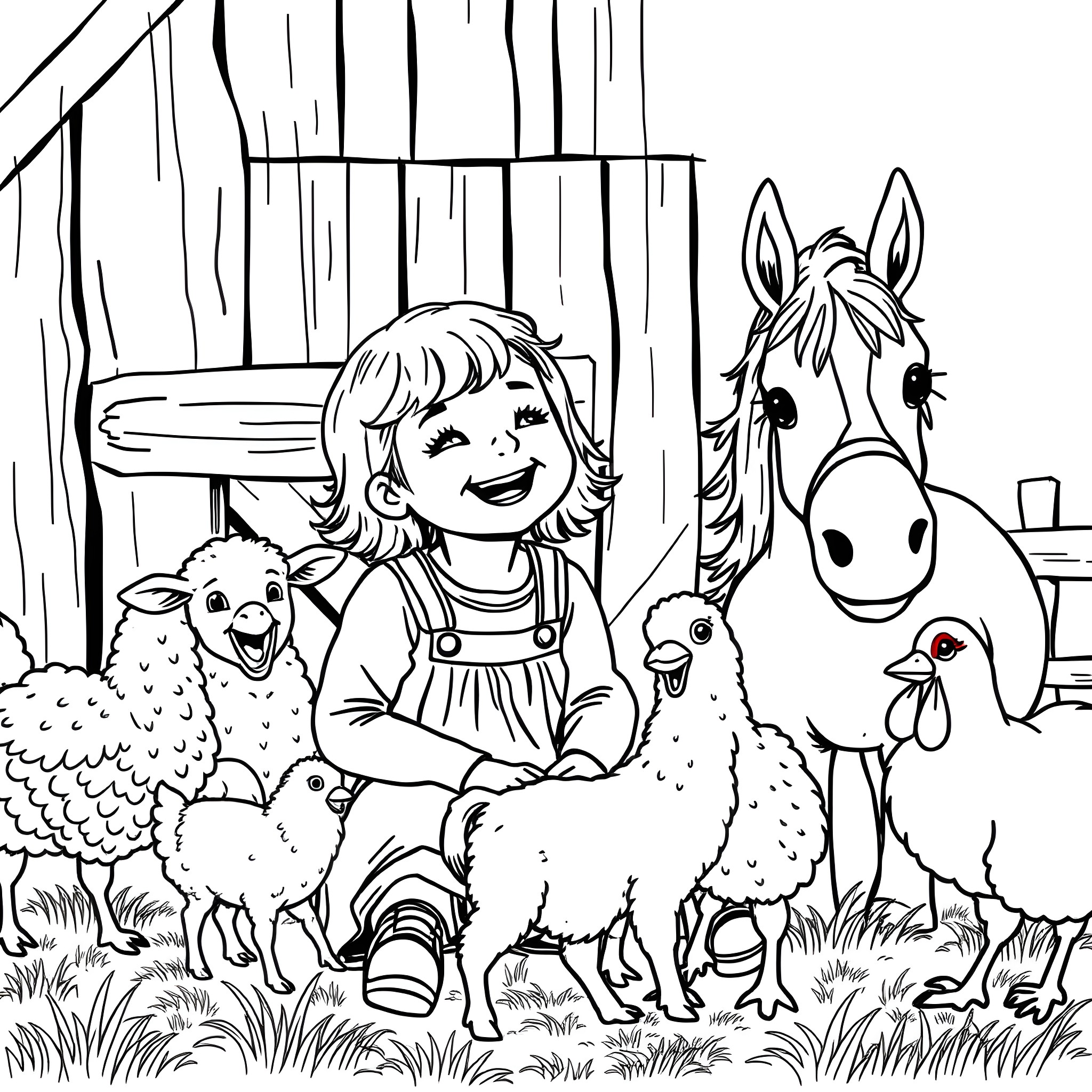 Girl playing happily with farm animals in a rustic setting Coloring Page (free black-and-white line drawing printable PDF for all, from beginners to advanced learners, including children, teens, adults, and seniors)