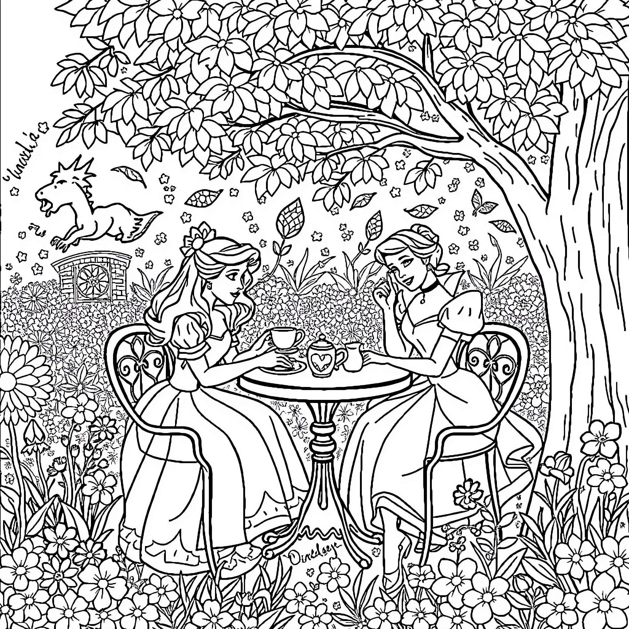 Belle's Picnic in the Enchanted Garden Coloring Page (free black-and-white line drawing printable PDF for all, from beginners to advanced learners, including children, teens, adults, and seniors)