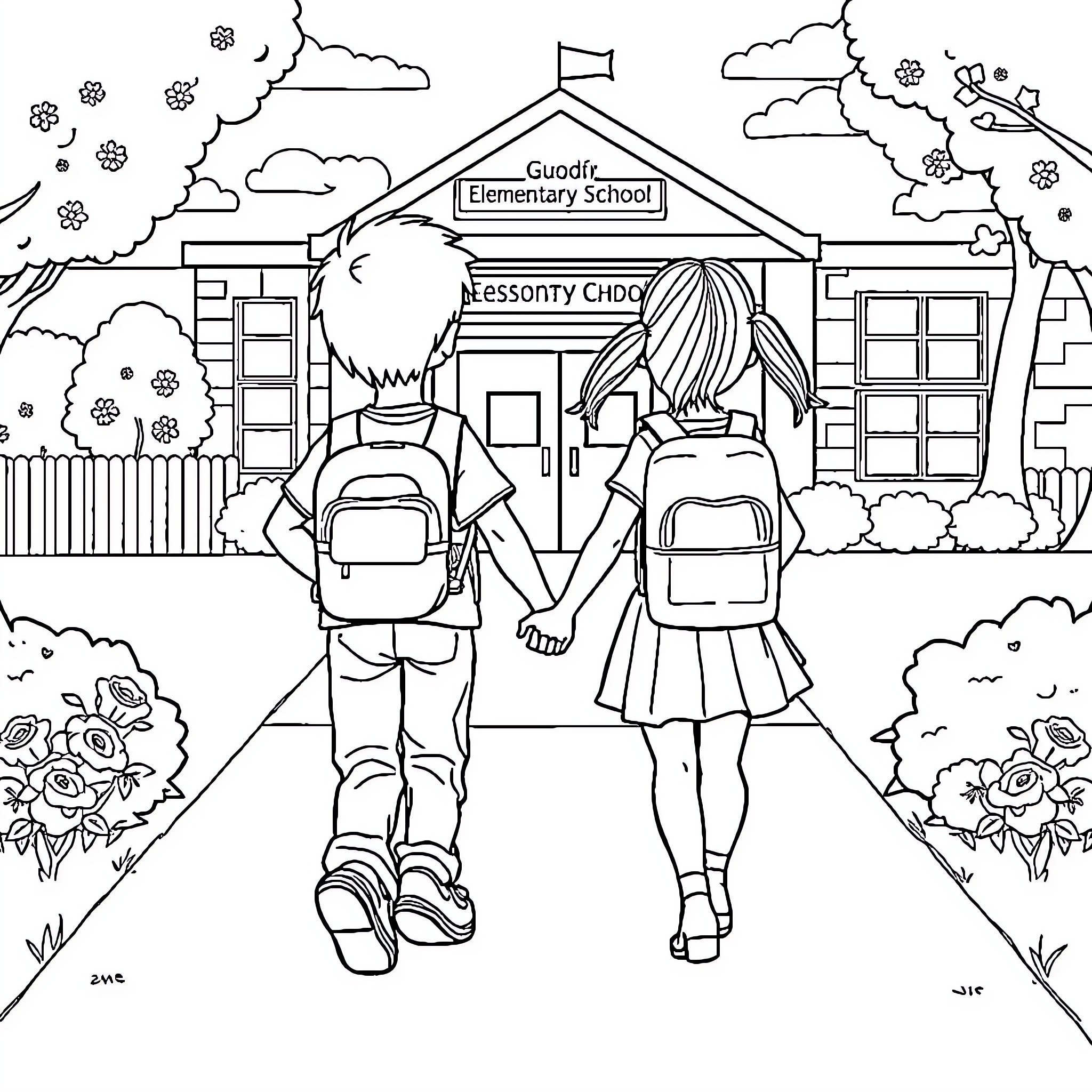 Child walking to elementary school with friend Coloring Page (free black-and-white line drawing printable PDF for all, from beginners to advanced learners, including children, teens, adults, and seniors)