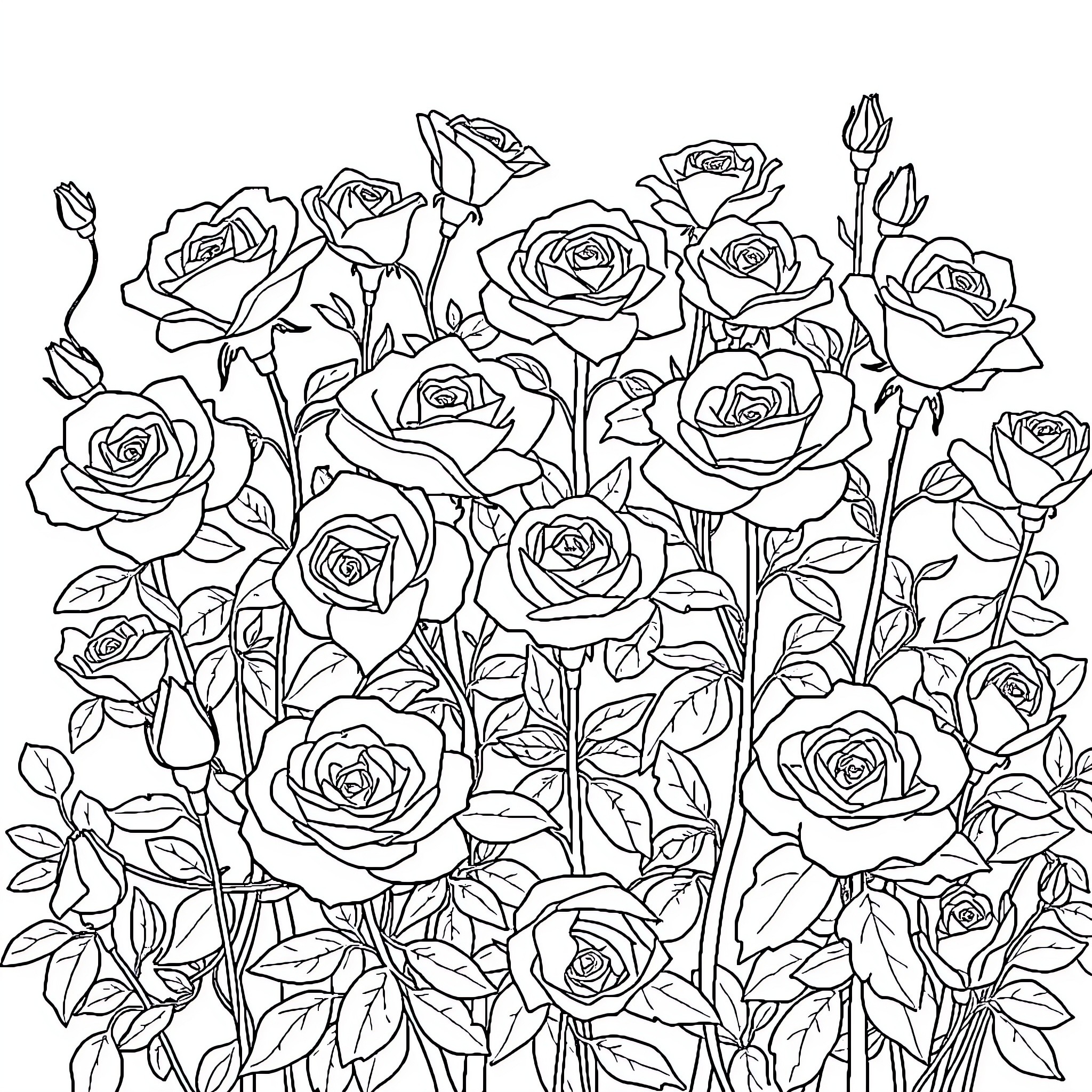 Rose garden in bloom with delicate floral patterns Coloring Page (free black-and-white line drawing printable PDF for all, from beginners to advanced learners, including children, teens, adults, and seniors)