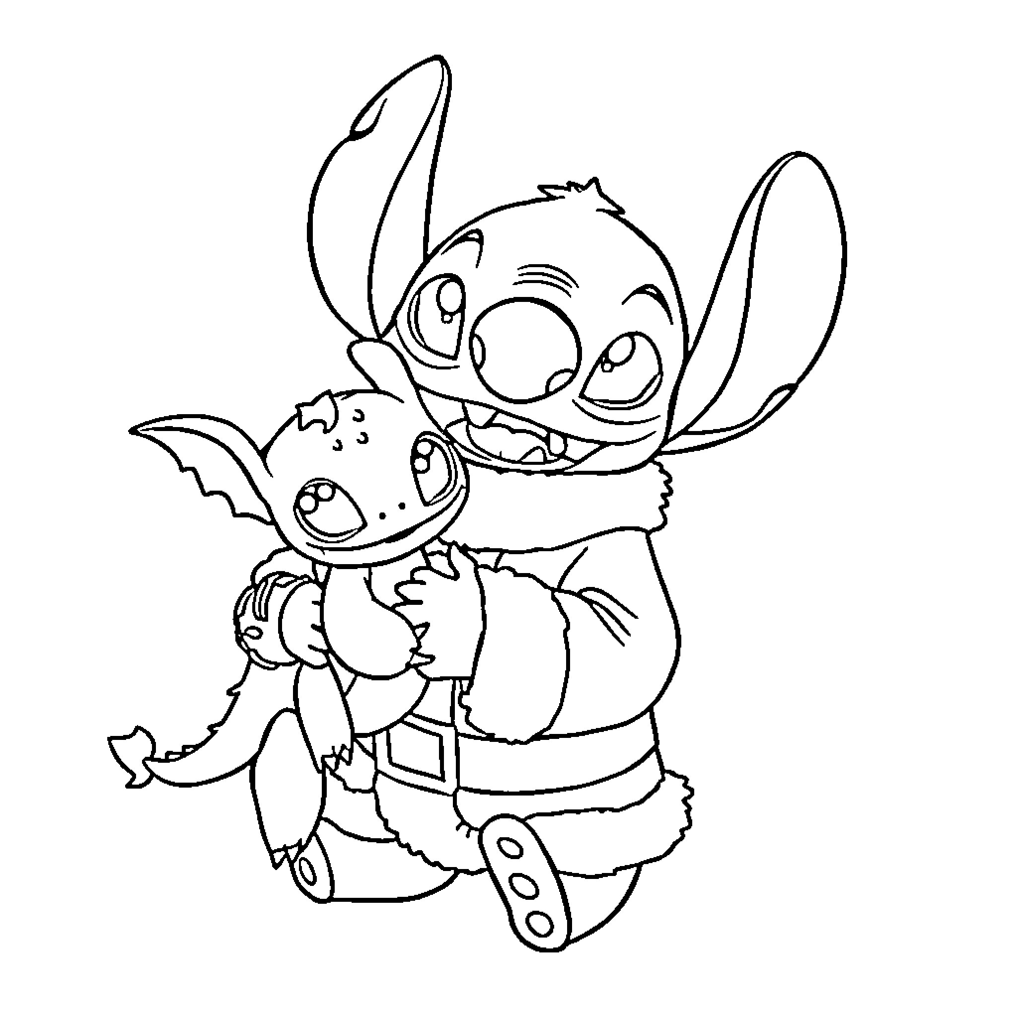 Santa Stitch Celebrating with Toy Dragon Coloring Page (free black-and-white line drawing printable PDF for all, from beginners to advanced learners, including children, teens, adults, and seniors)