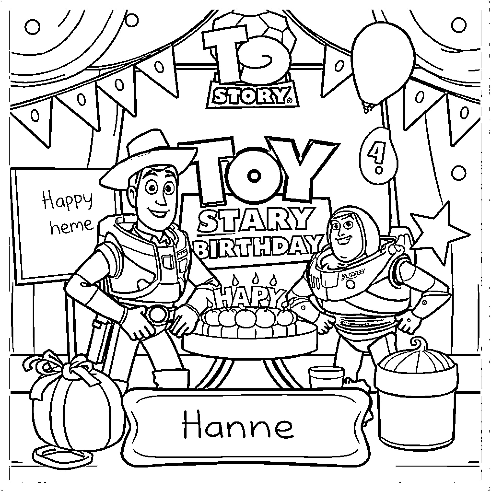Toy Story characters celebrating birthday party Coloring Page (free black-and-white line drawing printable PDF for all, from beginners to advanced learners, including children, teens, adults, and seniors)