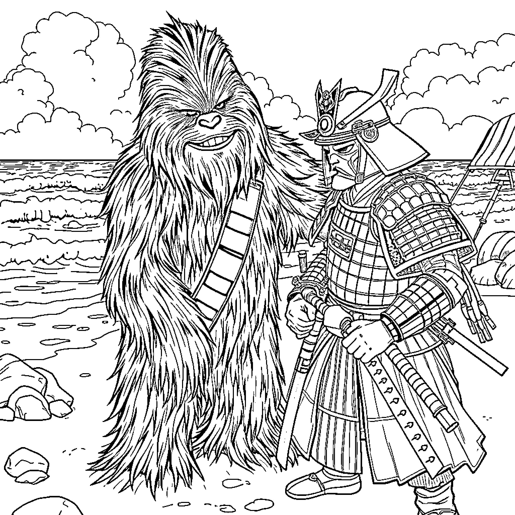 Chewbacca and a Stormtrooper on a beach Coloring Page (free black-and-white line drawing printable PDF for all, from beginners to advanced learners, including children, teens, adults, and seniors)