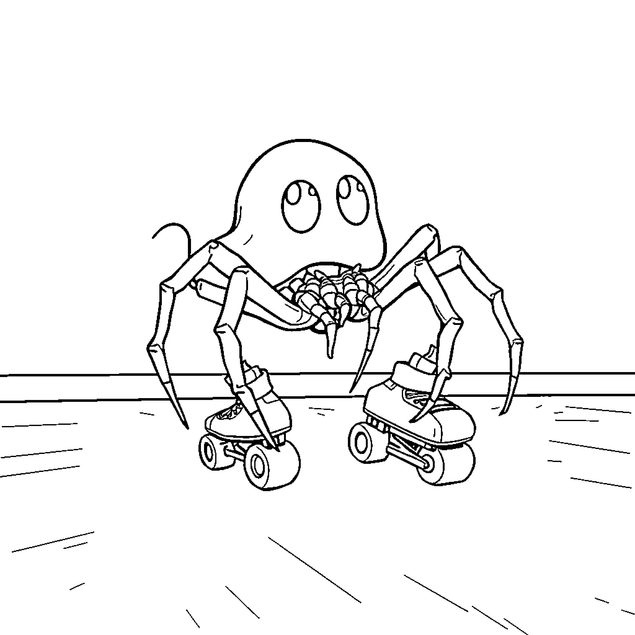 Ghost Spider riding roller skates in a field Coloring Page (free black-and-white line drawing printable PDF for all, from beginners to advanced learners, including children, teens, adults, and seniors)