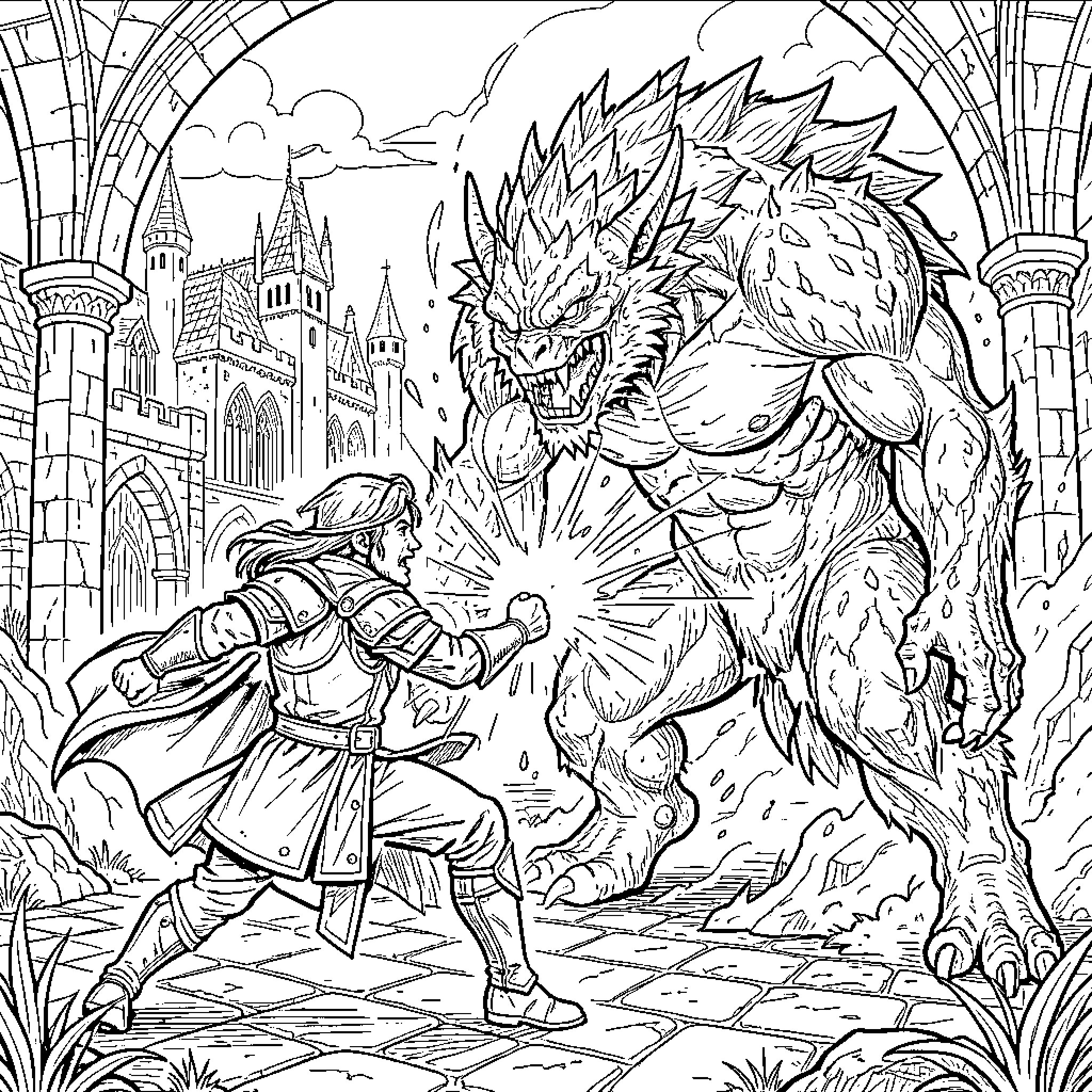 Comic Figure warrior battling a massive monster in a castle Coloring Page (free black-and-white line drawing printable PDF for all, from beginners to advanced learners, including children, teens, adults, and seniors)