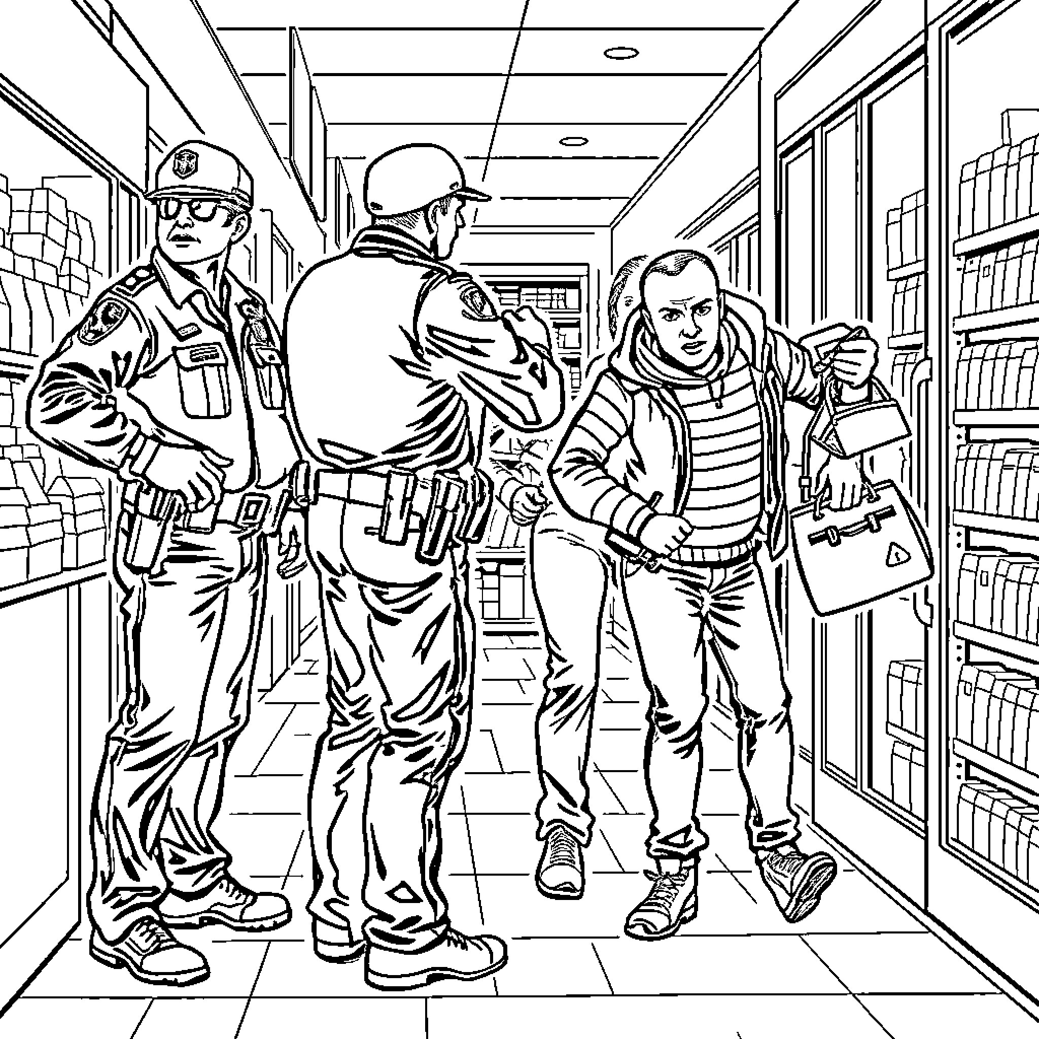 Police Officers Patrolling a Hallway Coloring Page (free black-and-white line drawing printable PDF for all, from beginners to advanced learners, including children, teens, adults, and seniors)