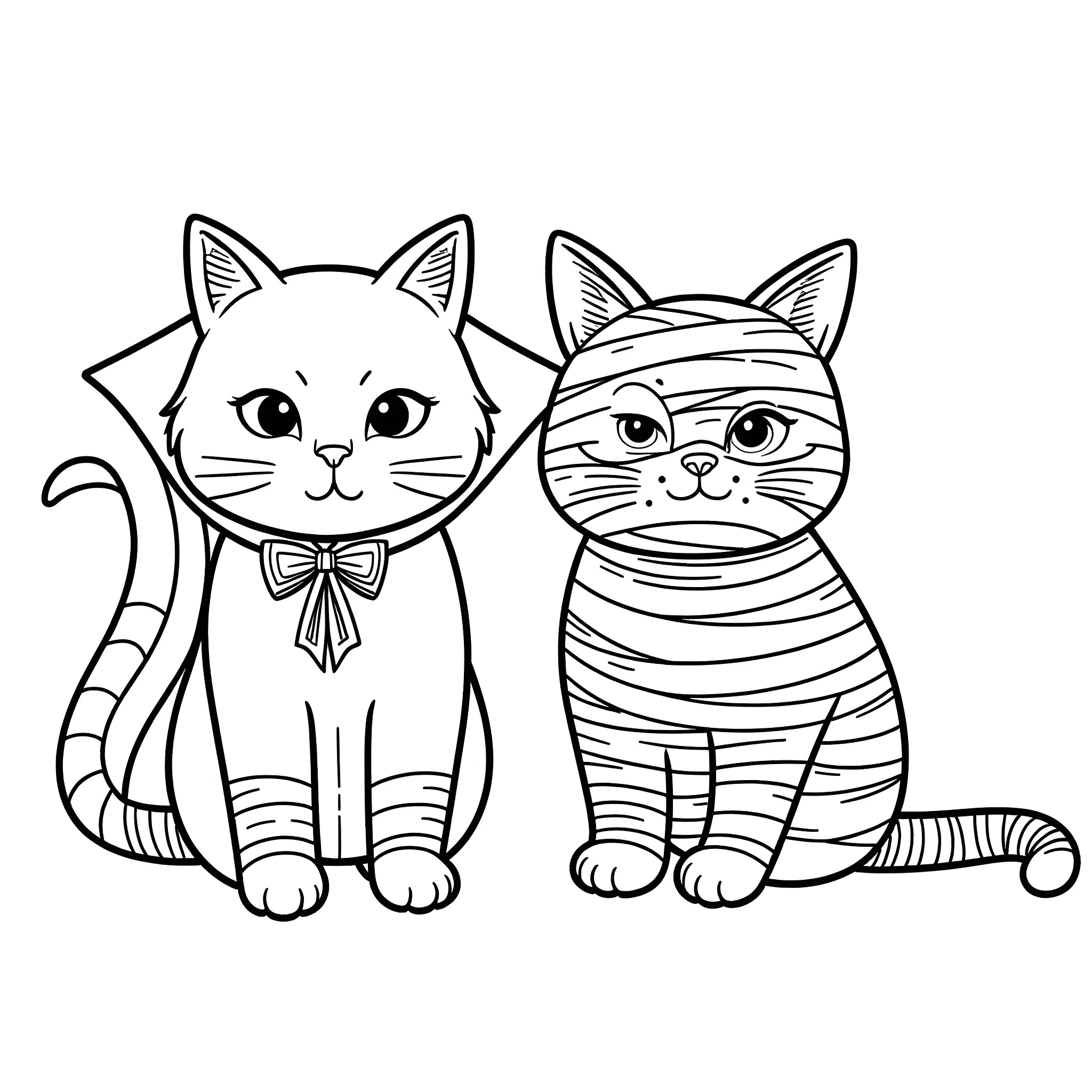 Cats in Costumes Coloring Page (free black-and-white line drawing printable PDF for all, from beginners to advanced learners, including children, teens, adults, and seniors)