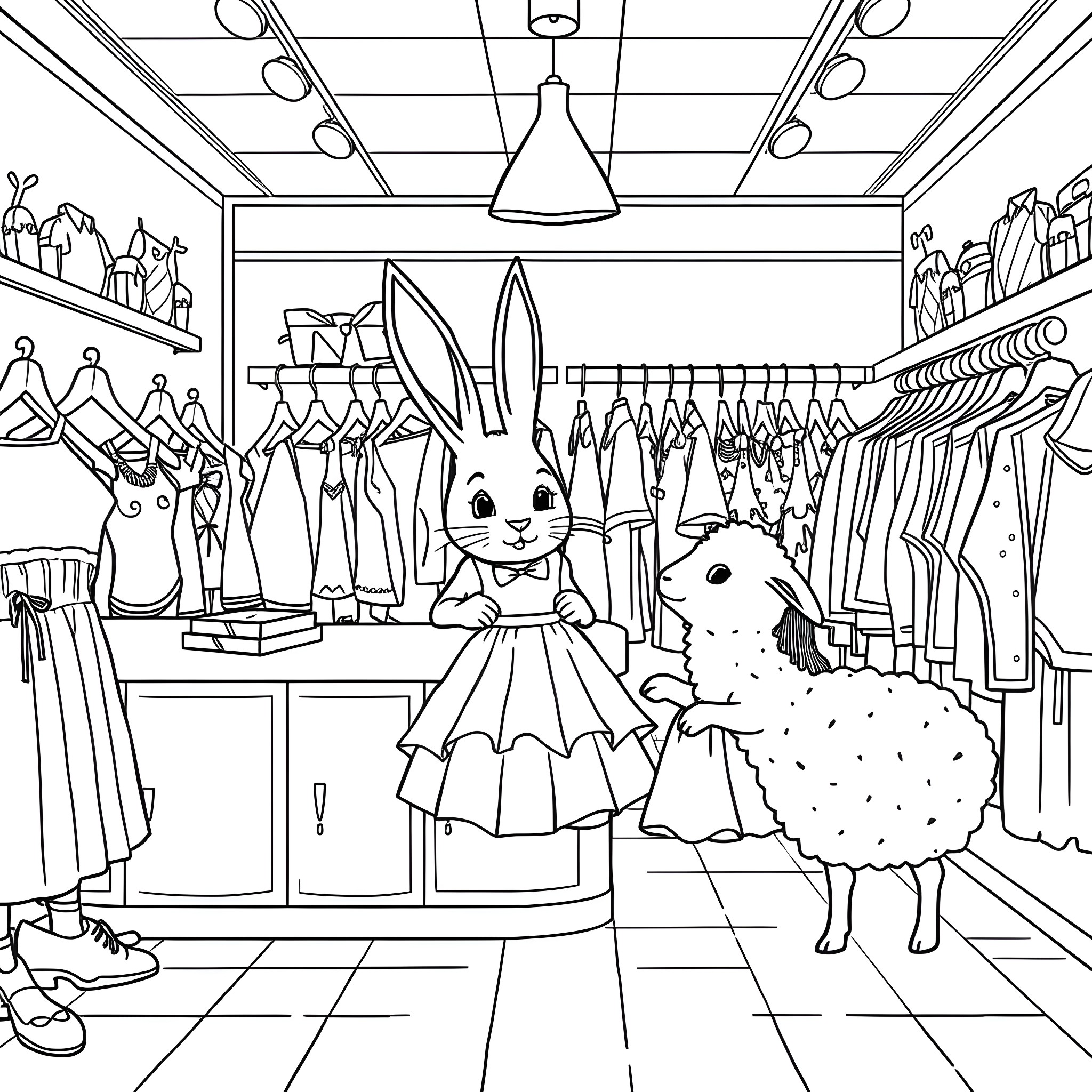 Bunny shopping in a clothing store Coloring Page (free black-and-white line drawing printable PDF for all, from beginners to advanced learners, including children, teens, adults, and seniors)