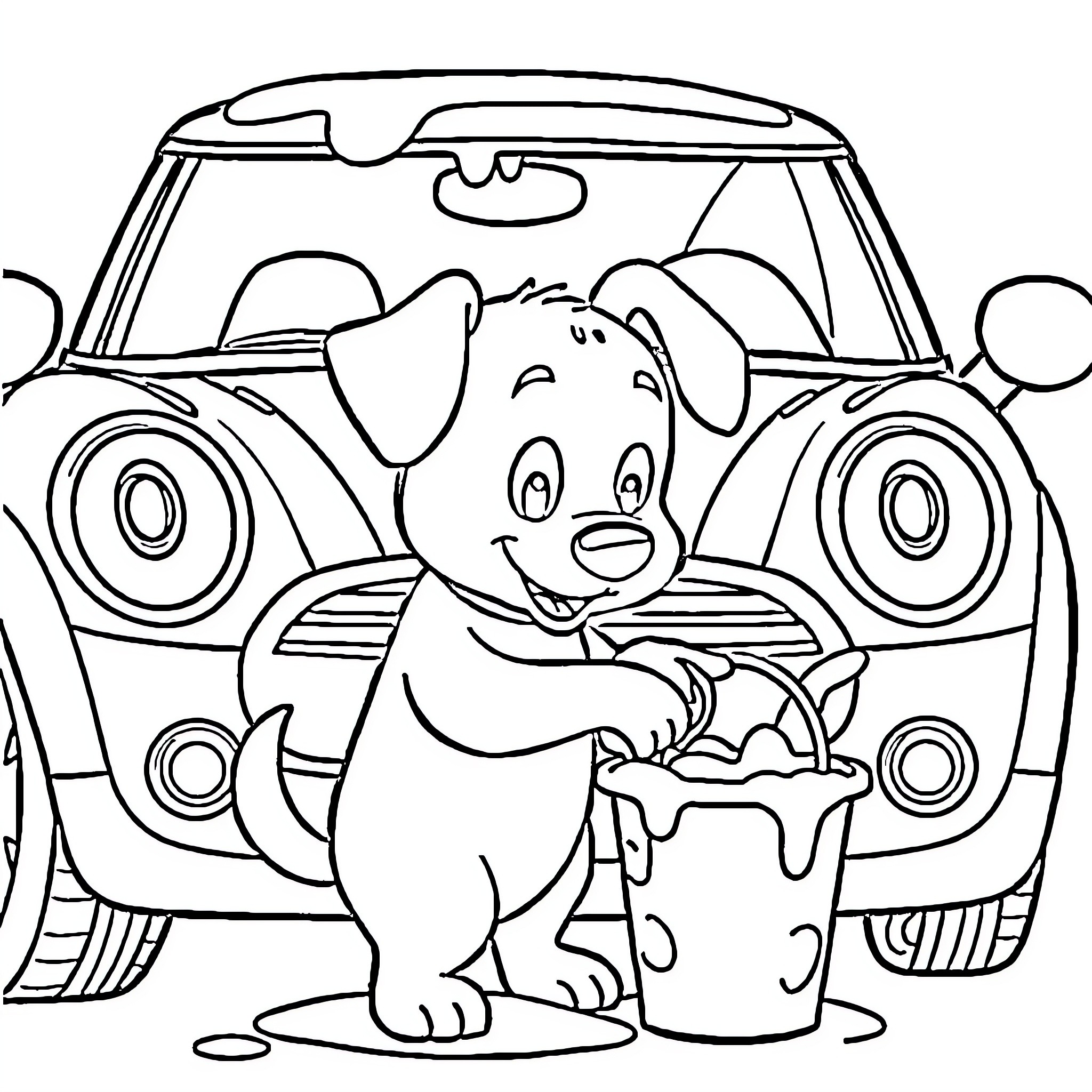 Bluey enjoying a car wash with bucket and suds Coloring Page (free black-and-white line drawing printable PDF for all, from beginners to advanced learners, including children, teens, adults, and seniors)