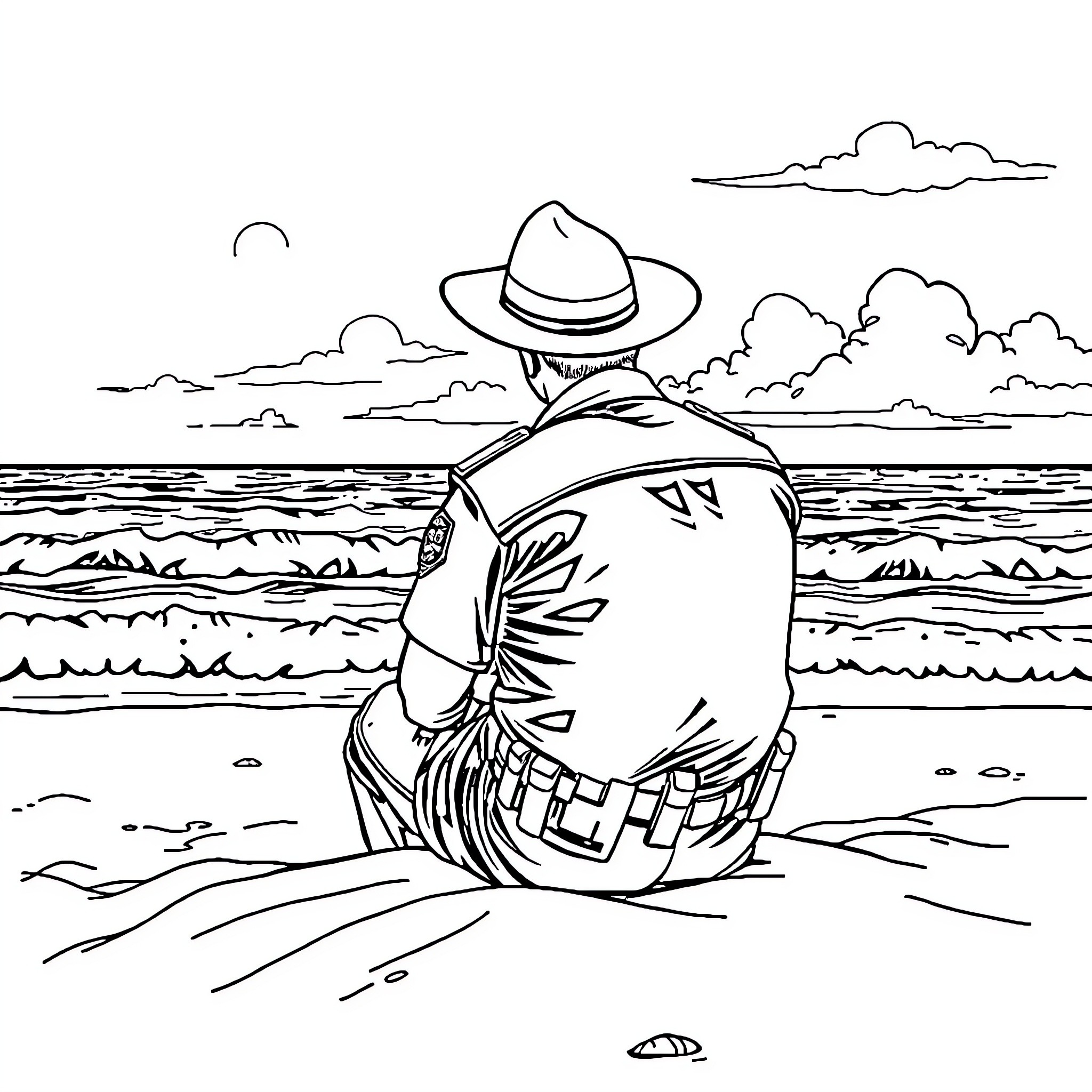 Police Officer in Casual Uniform by the Ocean Coloring Page (free black-and-white line drawing printable PDF for all, from beginners to advanced learners, including children, teens, adults, and seniors)