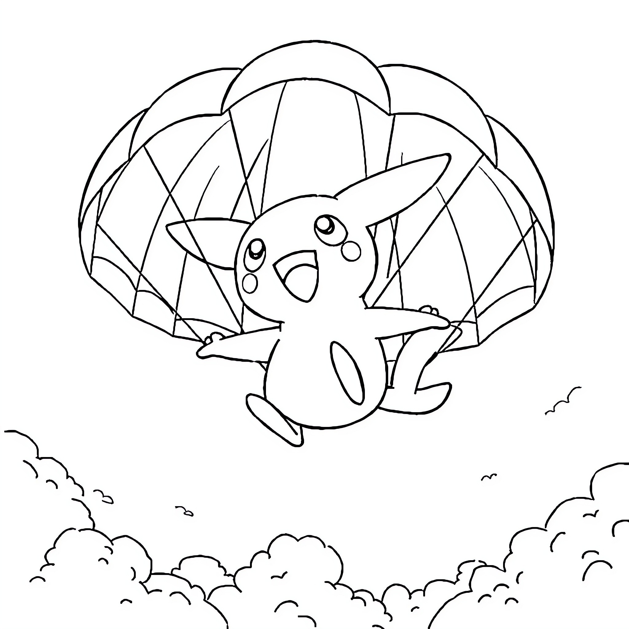 Pokeymon Happily Floating in the Sky Coloring Page (free black-and-white line drawing printable PDF for all, from beginners to advanced learners, including children, teens, adults, and seniors)
