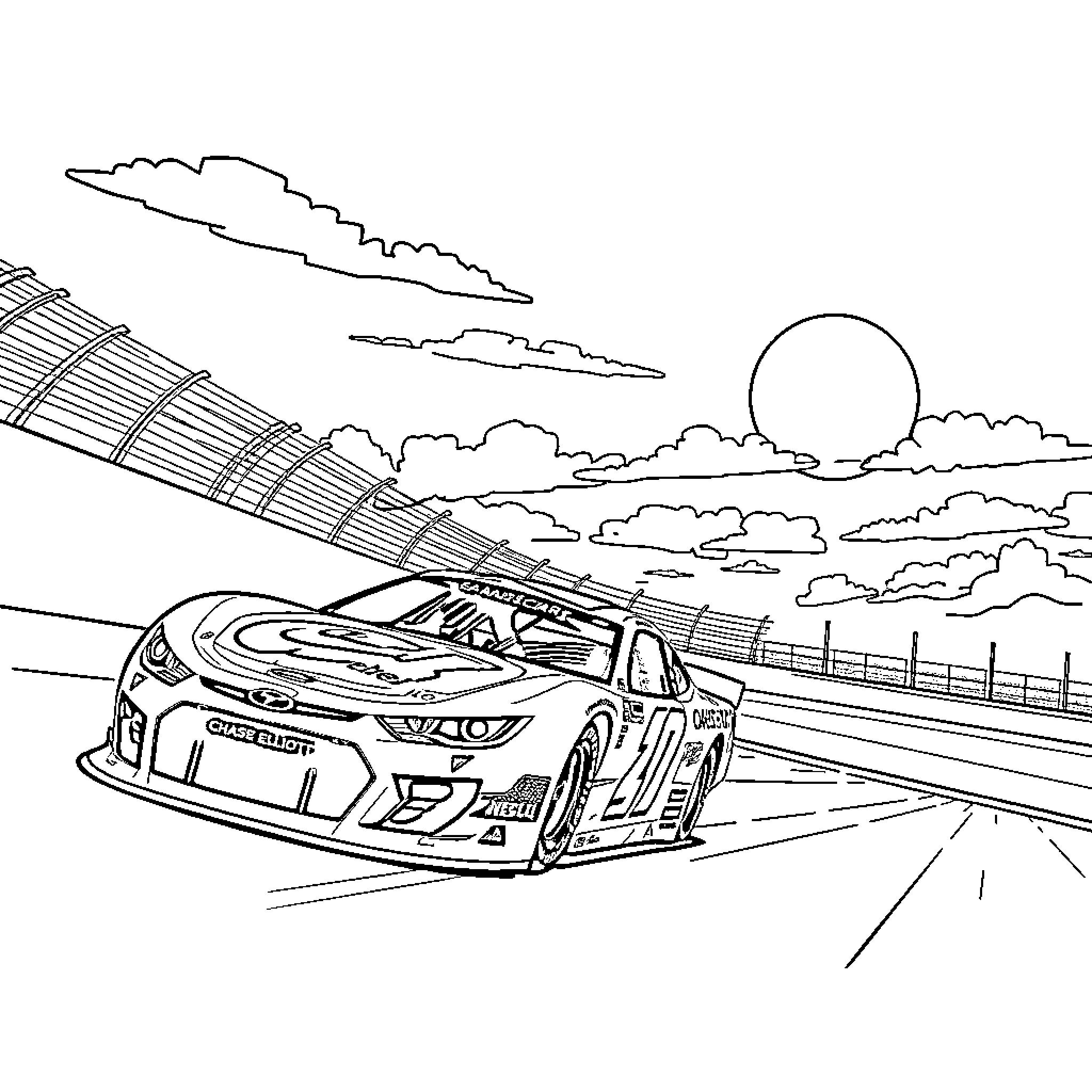 Chase Elliott driving car on racetrack Coloring Page (free black-and-white line drawing printable PDF for all, from beginners to advanced learners, including children, teens, adults, and seniors)