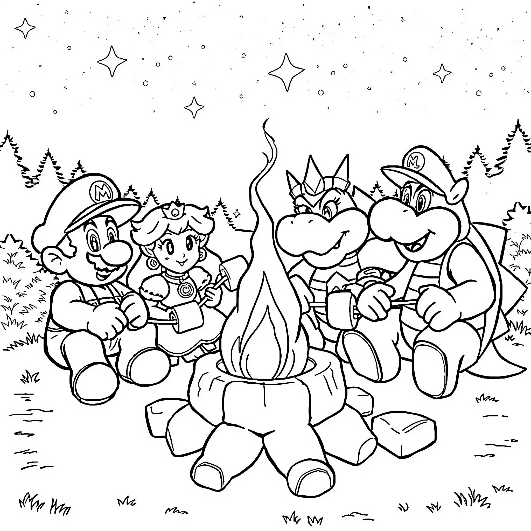 Mario and friends camping under the starry night Coloring Page (free black-and-white line drawing printable PDF for all, from beginners to advanced learners, including children, teens, adults, and seniors)