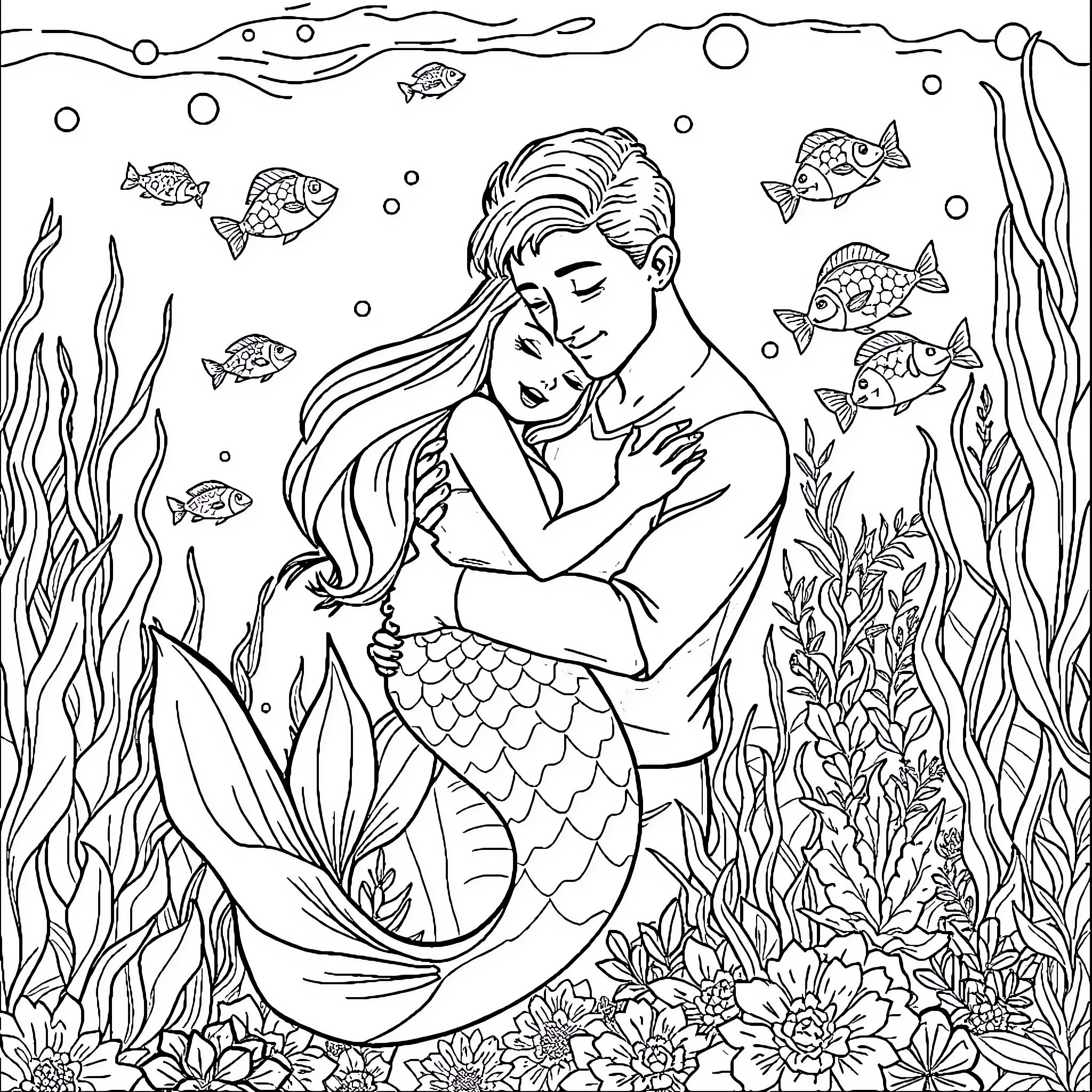 Mermaid enjoying peaceful underwater scene Coloring Page (free black-and-white line drawing printable PDF for all, from beginners to advanced learners, including children, teens, adults, and seniors)